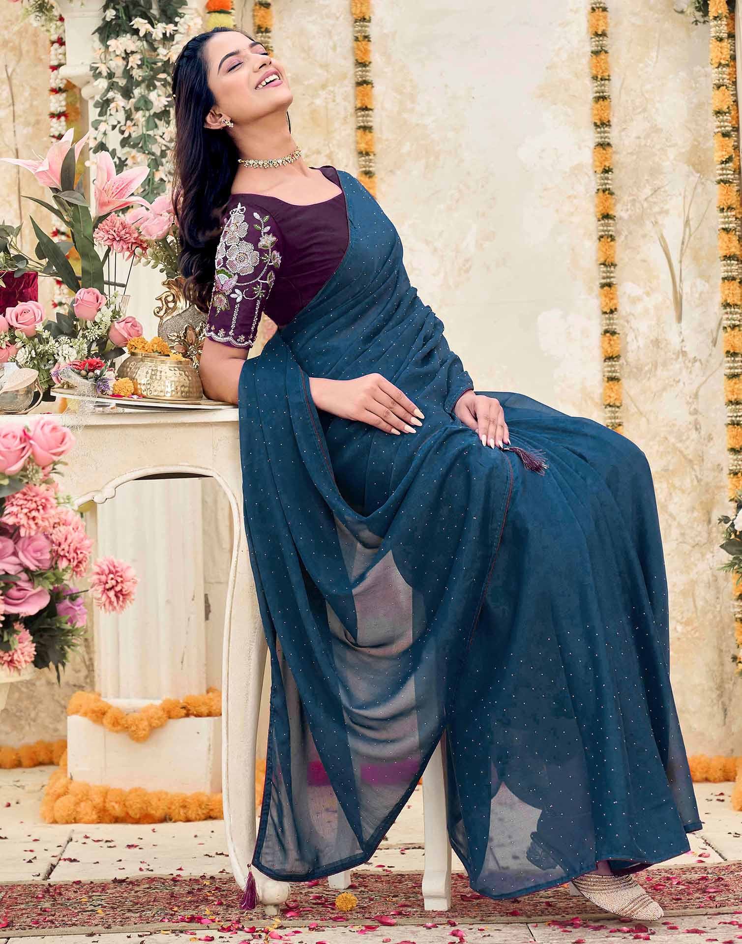 Dusty Navy Blue Georgette Stone Work Swarovski Saree