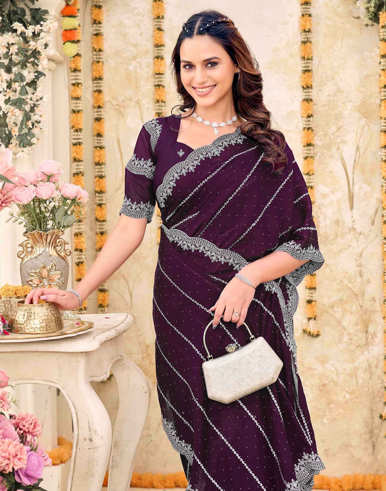 Wine Shimmer Georgette Embroidery Embellished Saree