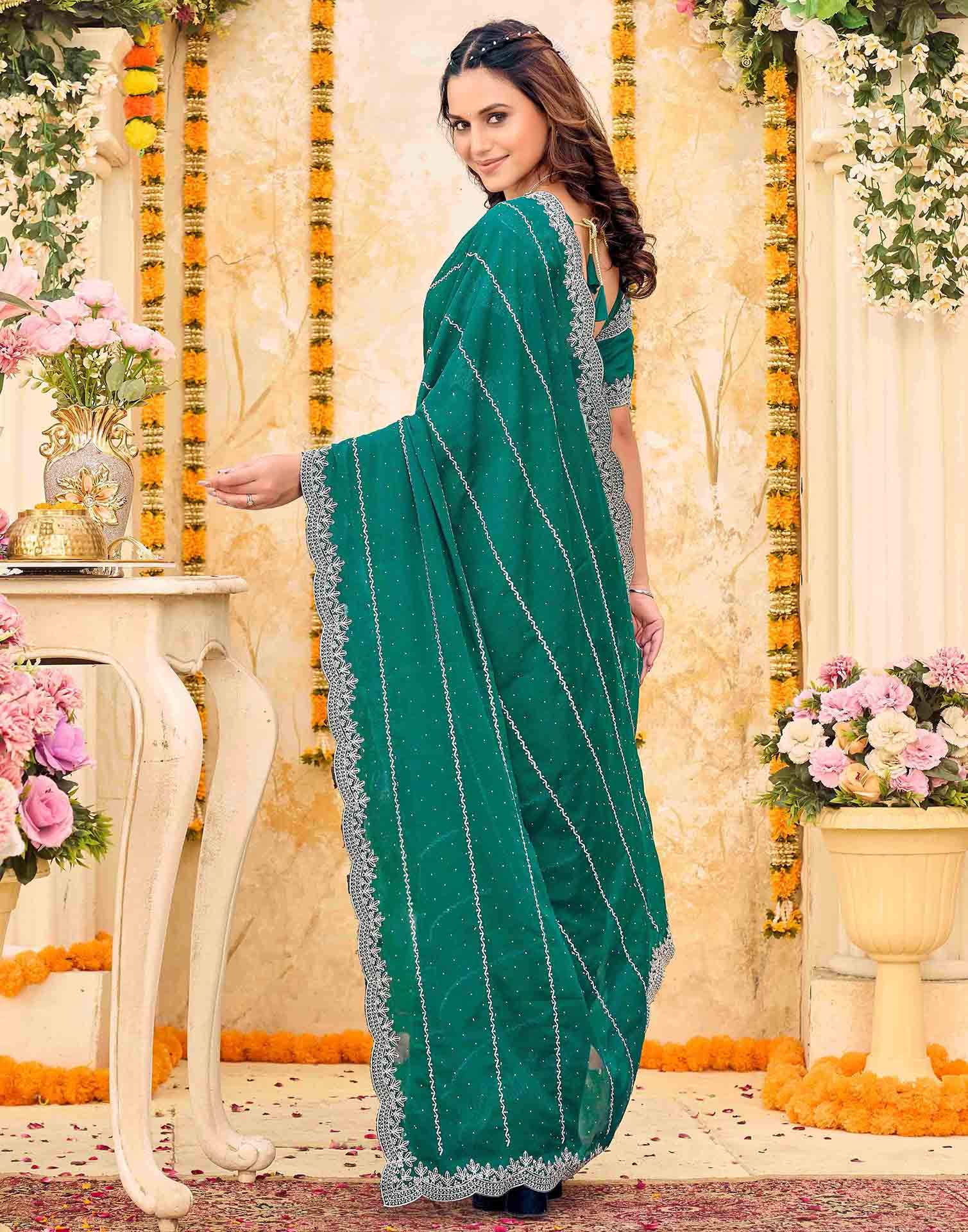 Teal Green Shimmer Georgette Embroidery Embellished Saree