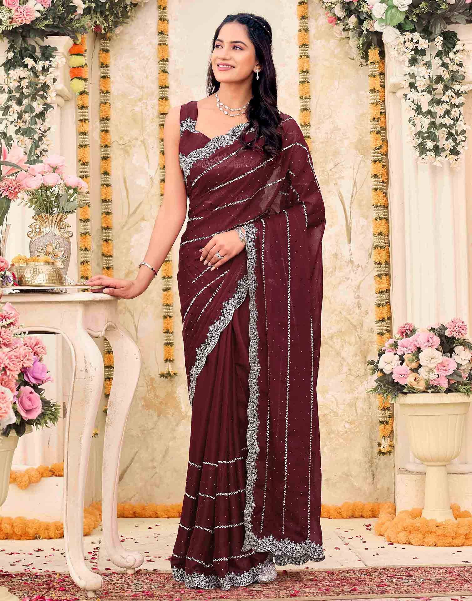 Maroon Shimmer Georgette Embroidery Embellished Saree