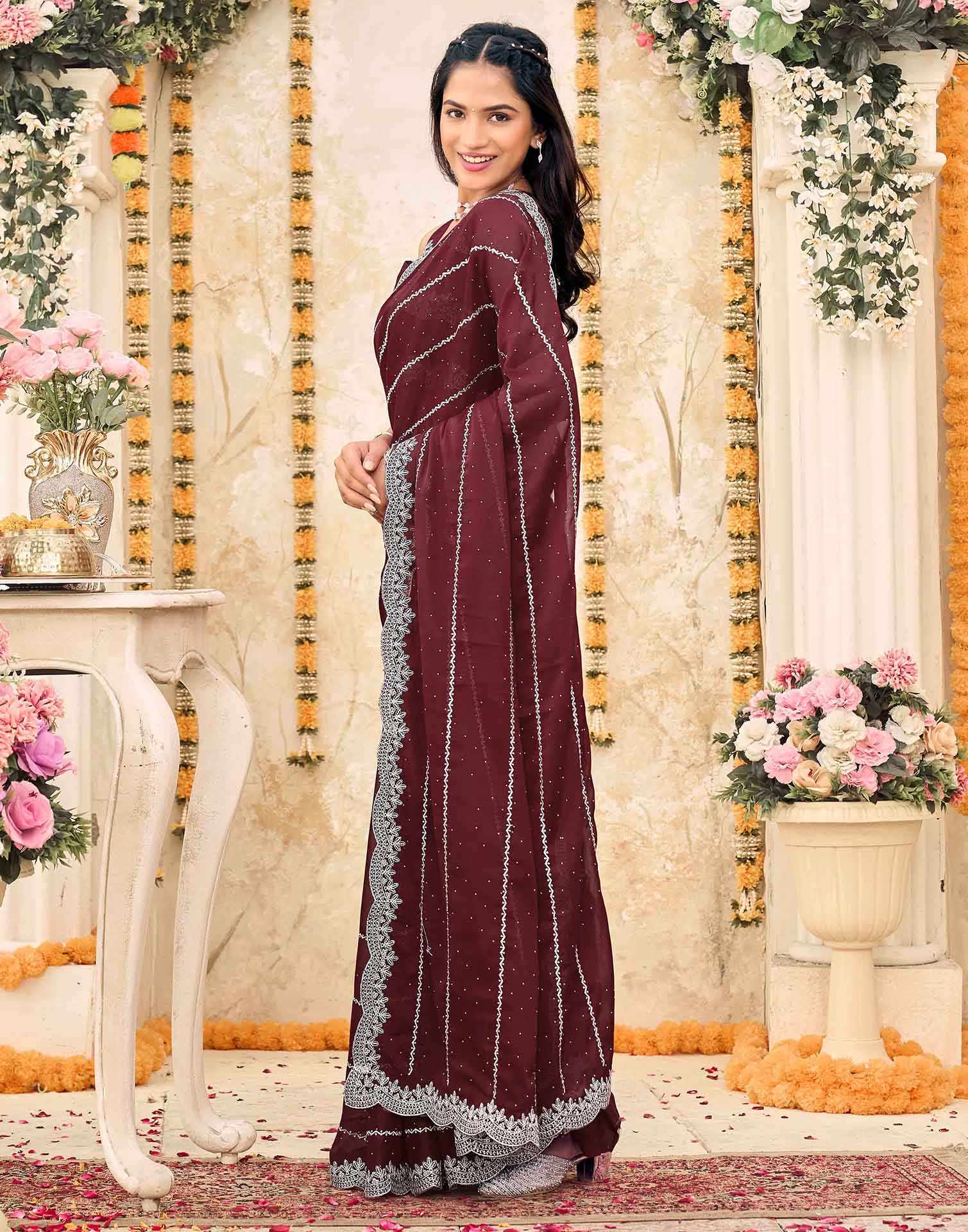 Maroon Shimmer Georgette Embroidery Embellished Saree