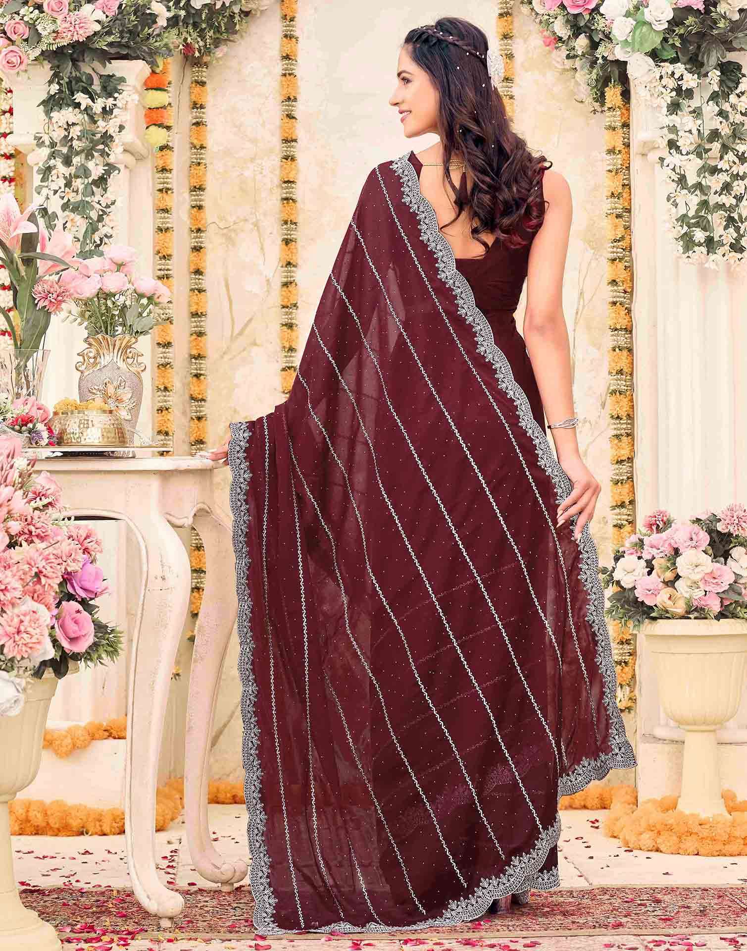 Maroon Shimmer Georgette Embroidery Embellished Saree