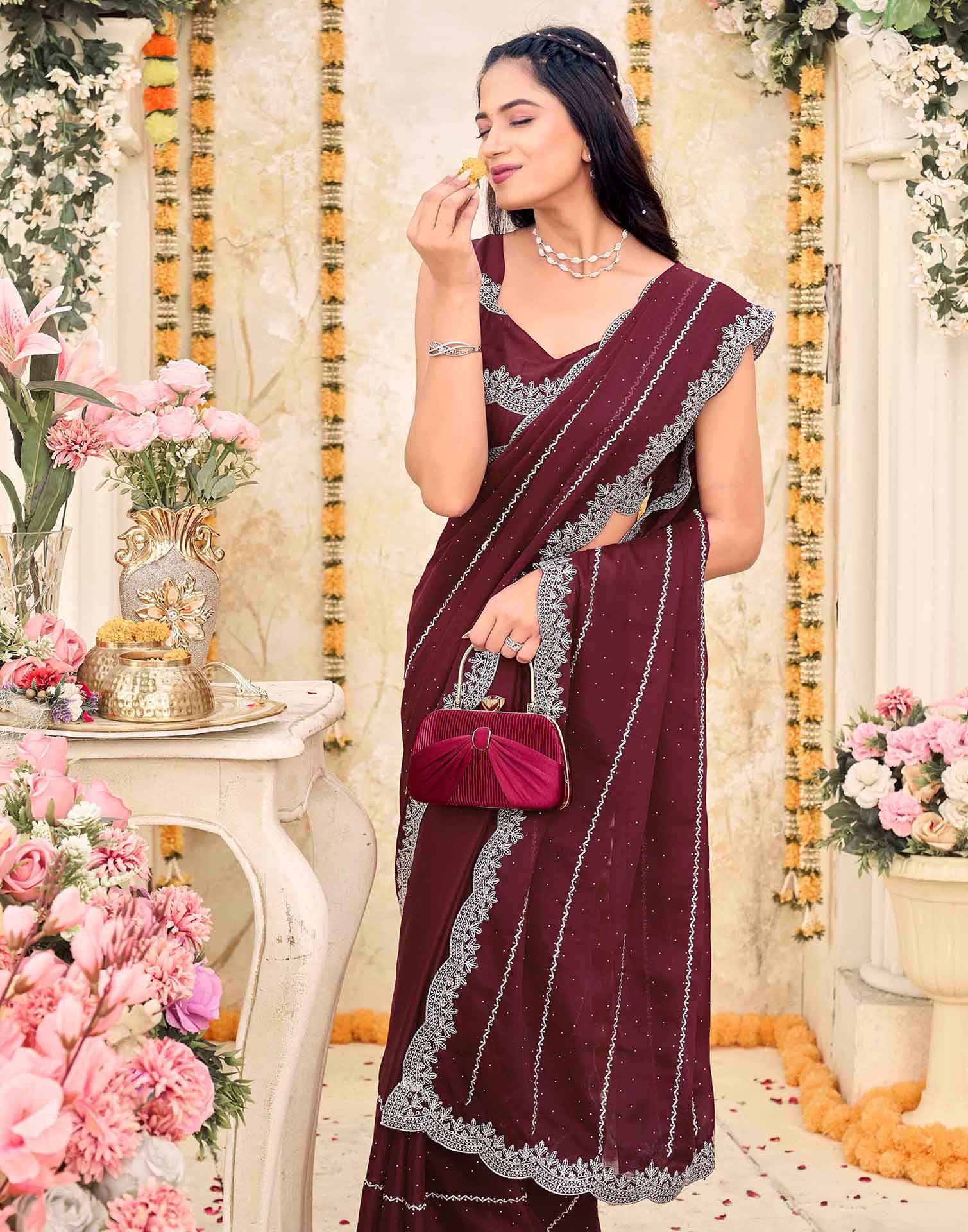 Maroon Shimmer Georgette Embroidery Embellished Saree