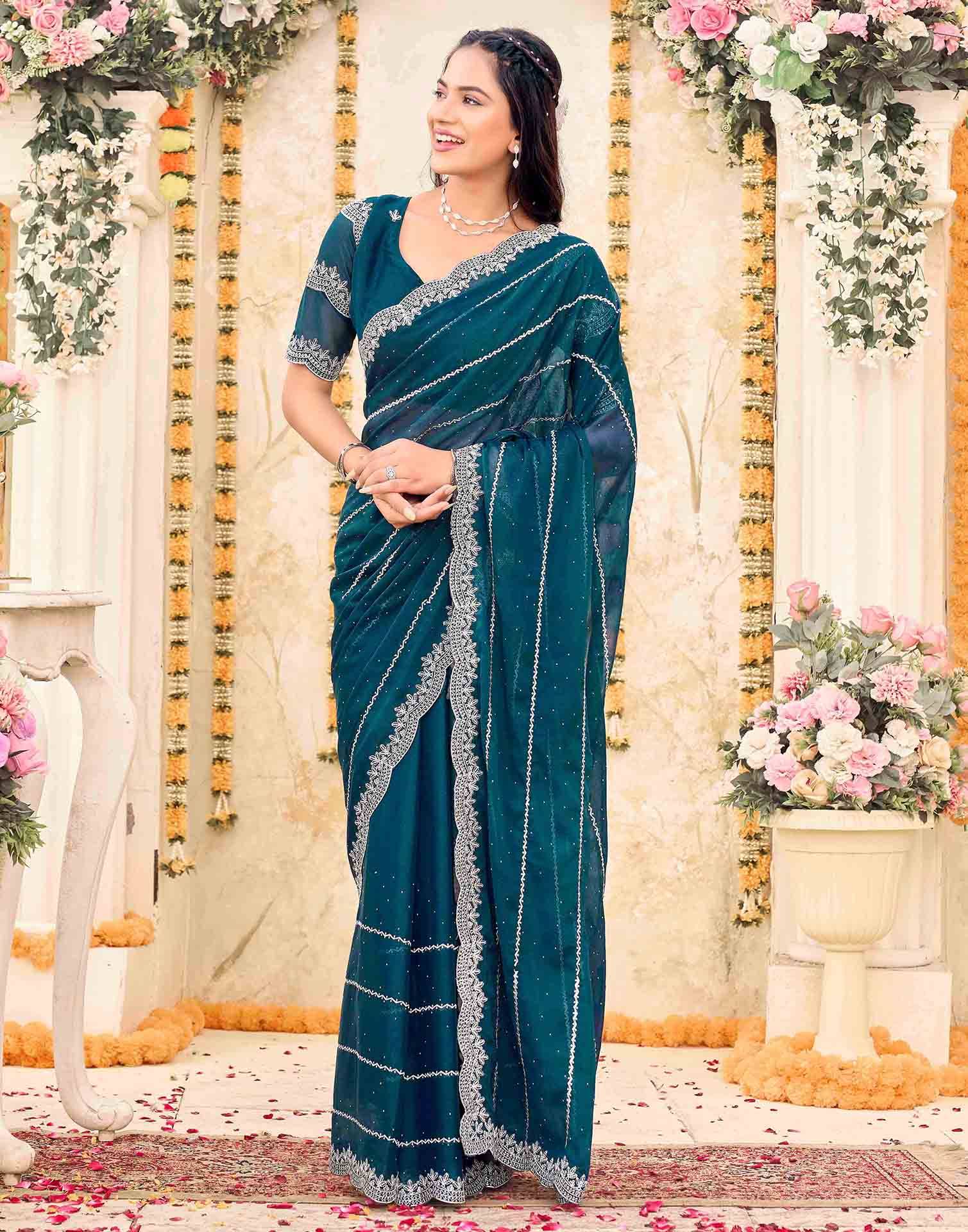 Rama Blue Shimmer Georgette Embroidery Embellished Saree