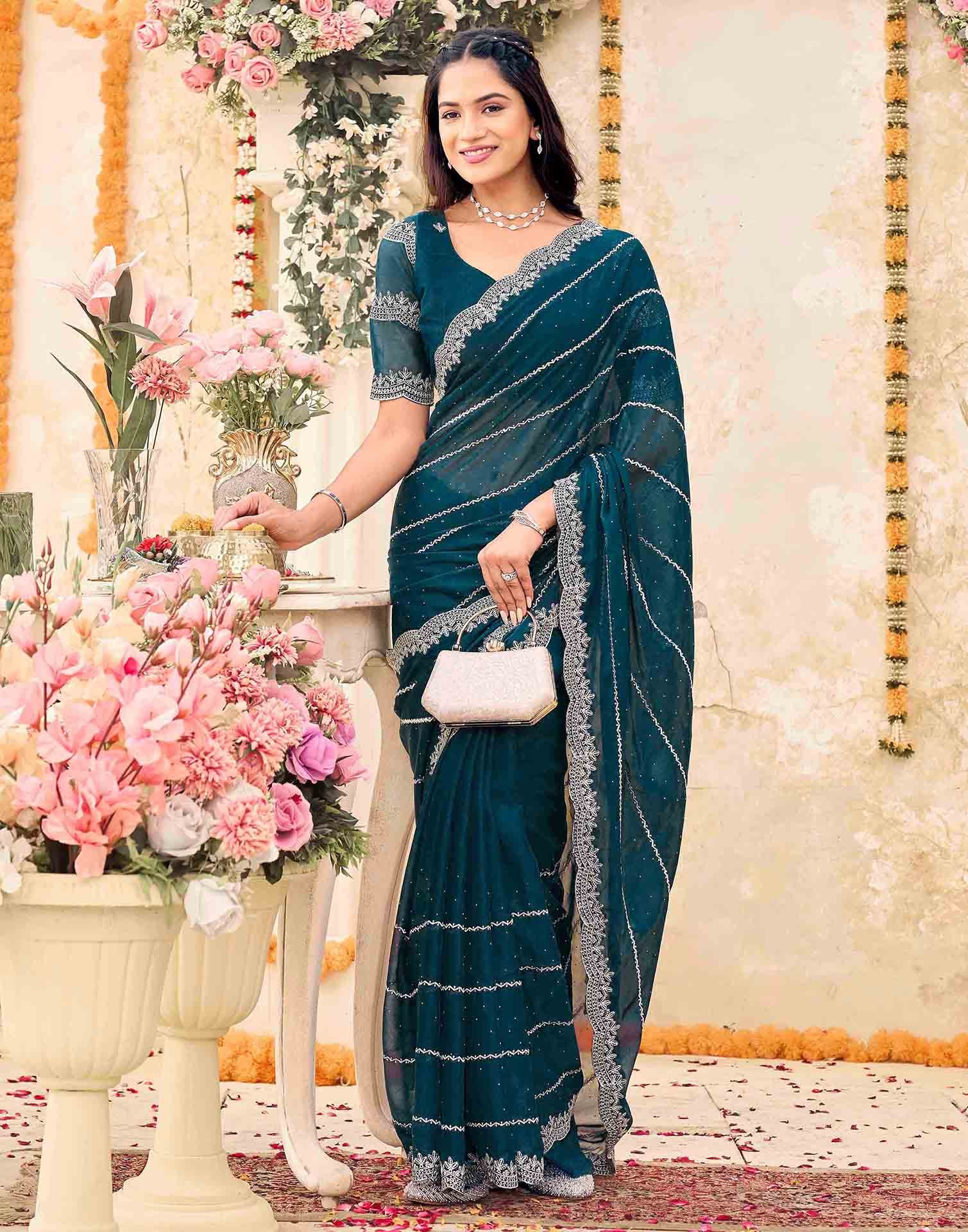 Rama Blue Shimmer Georgette Embroidery Embellished Saree