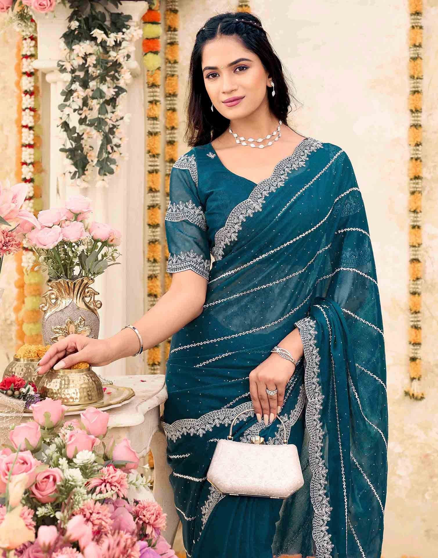 Rama Blue Shimmer Georgette Embroidery Embellished Saree