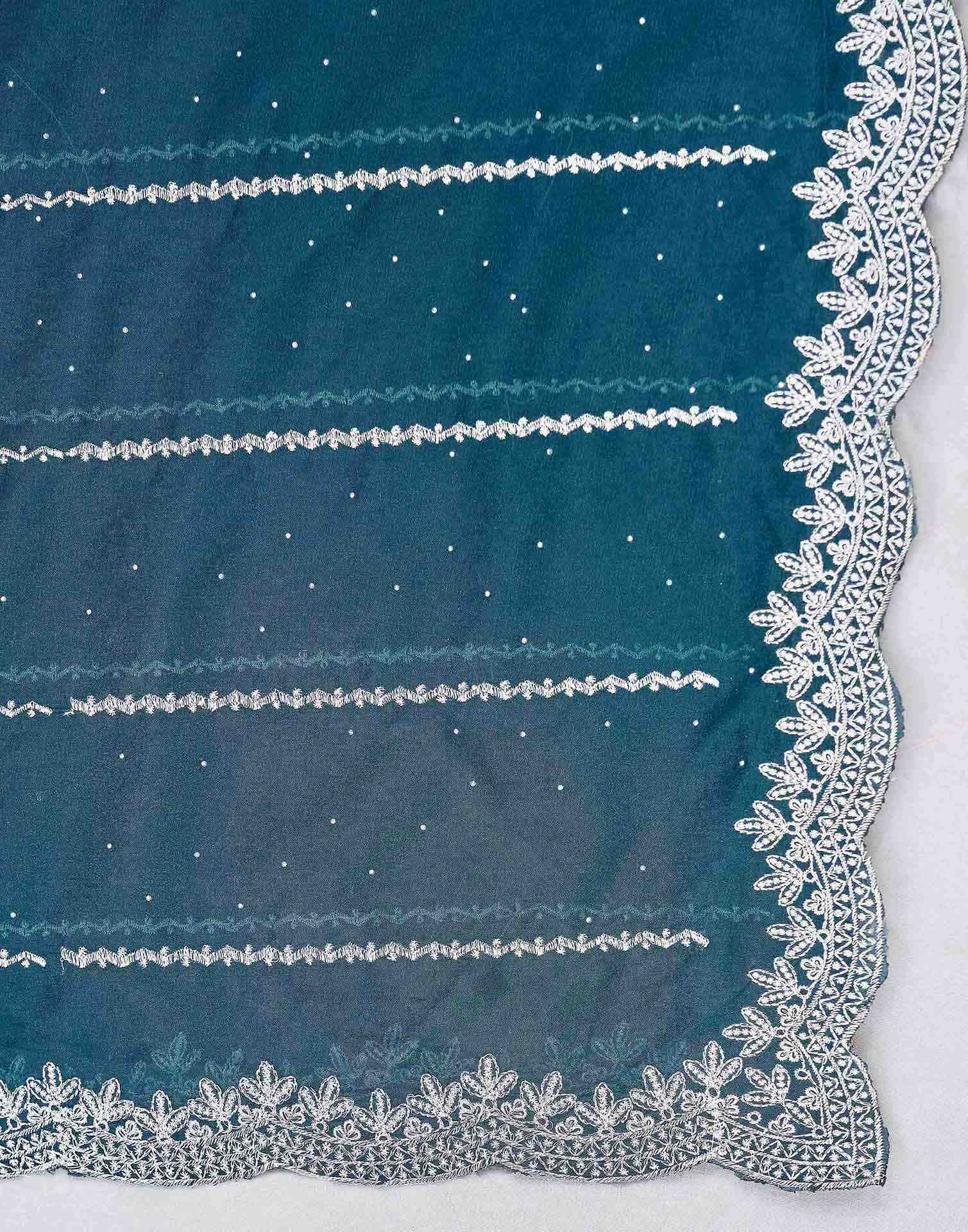 Rama Blue Shimmer Georgette Embroidery Embellished Saree