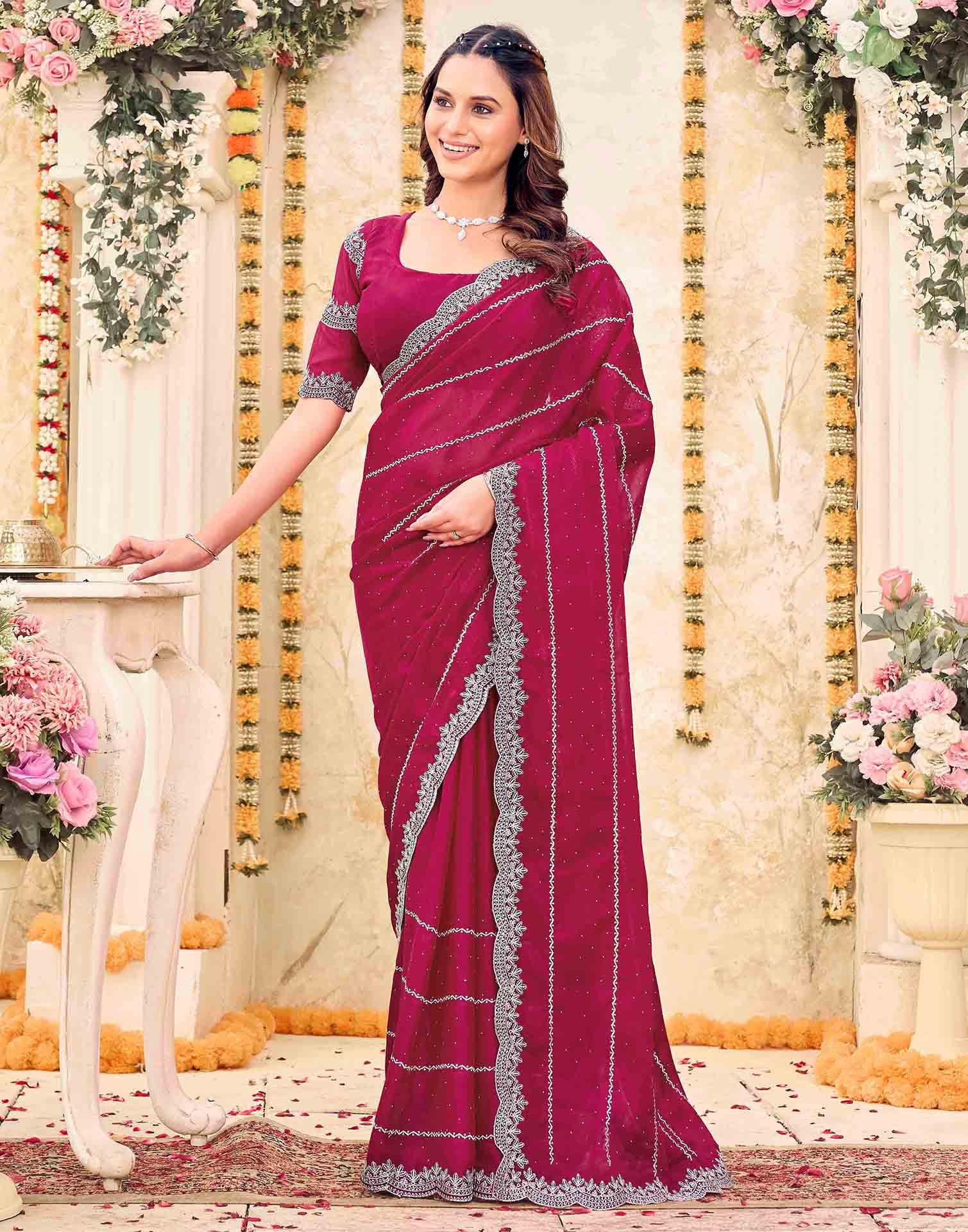 Pink Shimmer Georgette Embroidery Embellished Saree