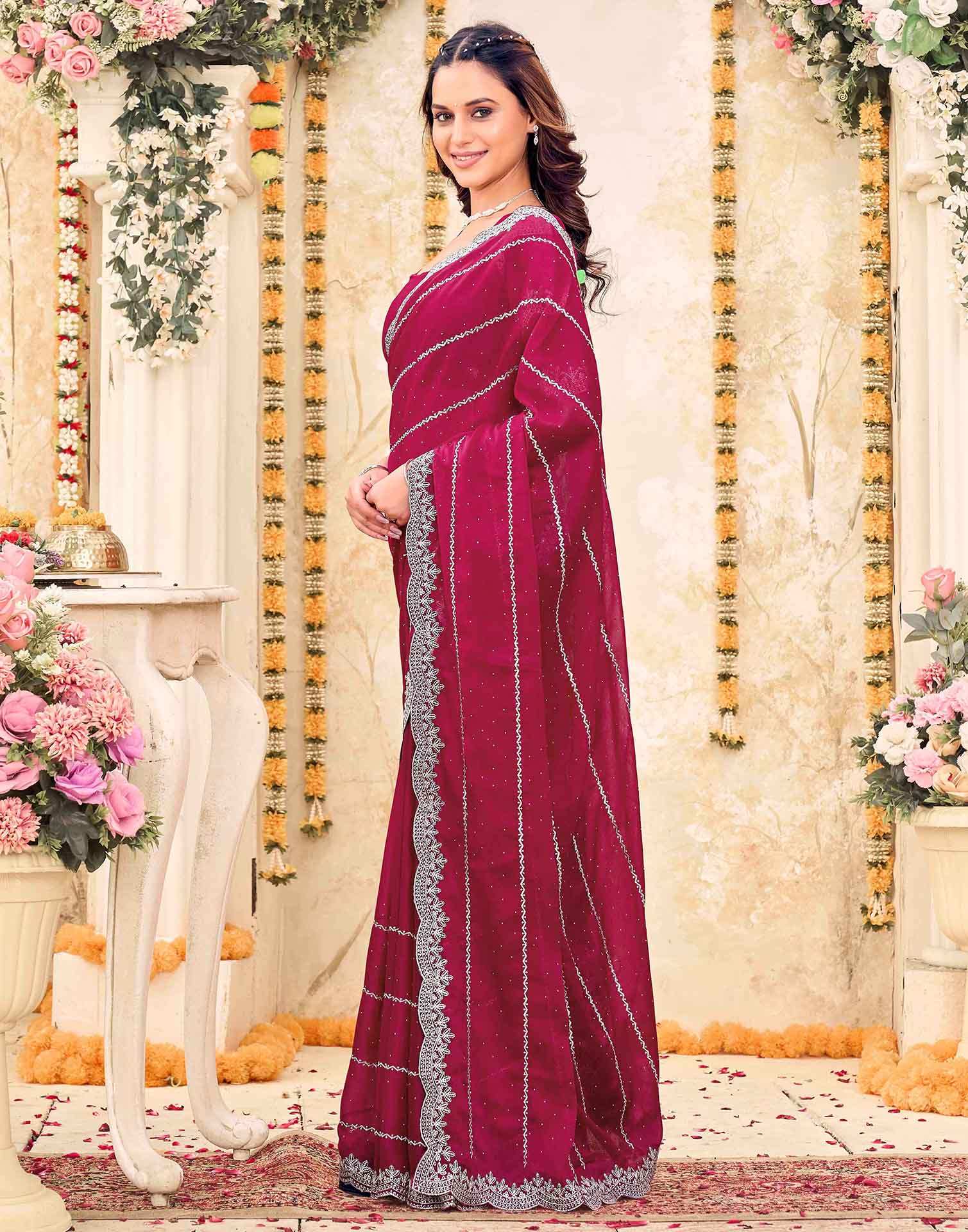 Pink Shimmer Georgette Embroidery Embellished Saree