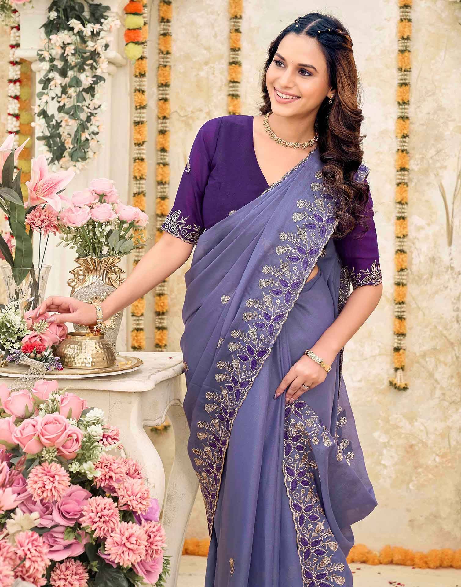 Dusty Purple Georgette Embroidery Saree