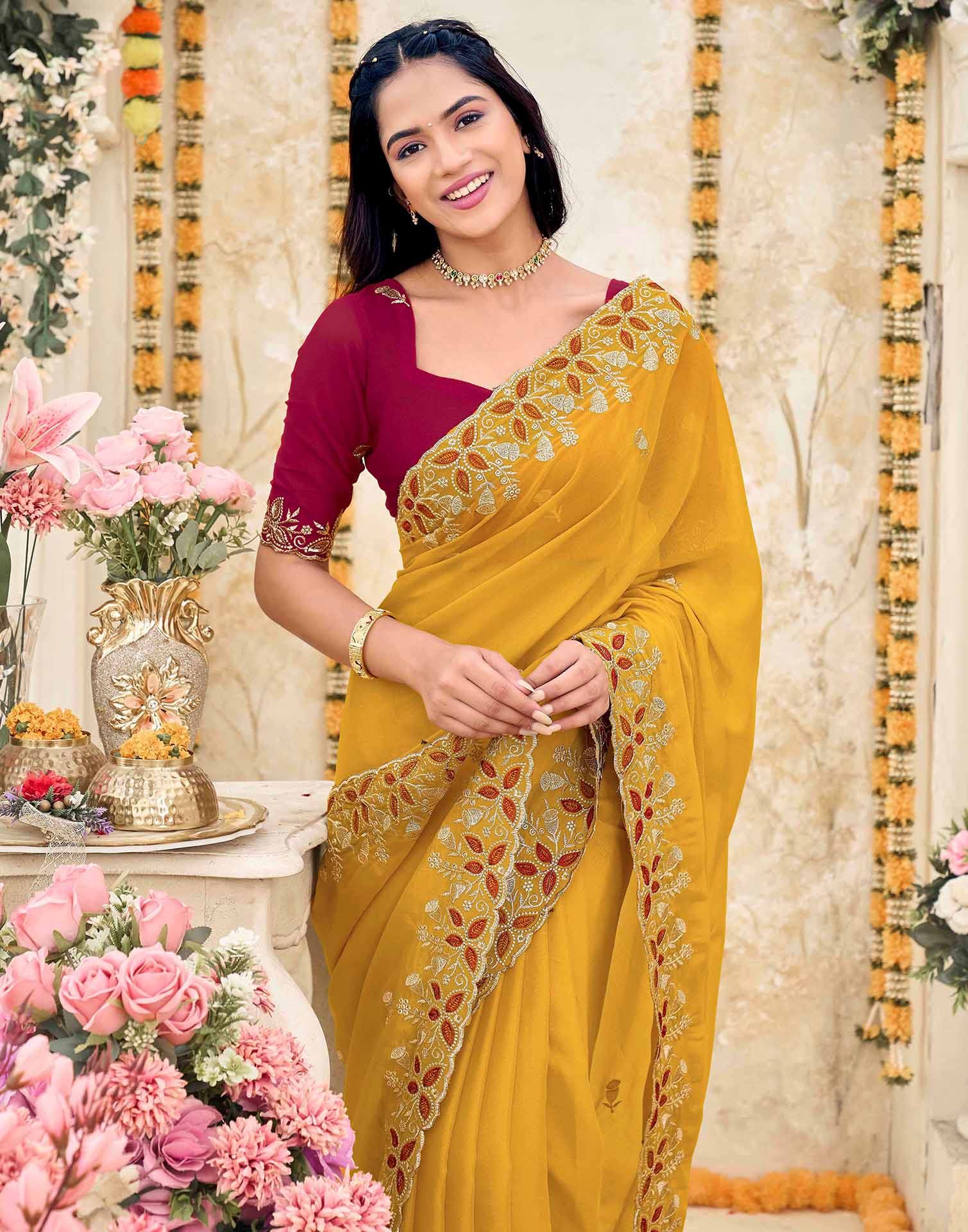 Yellow Georgette Embroidery Saree