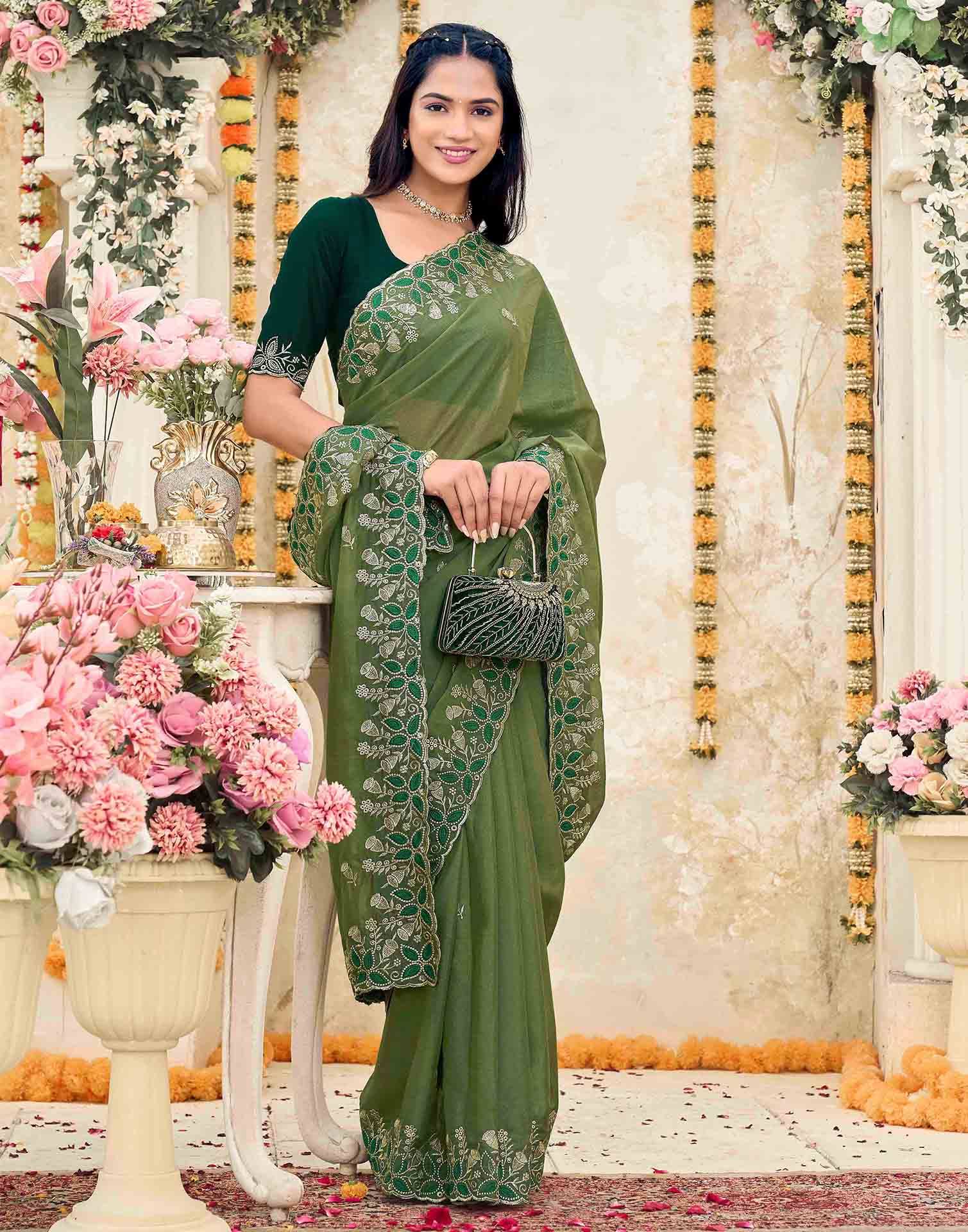 Olive Green Georgette Embroidery Saree