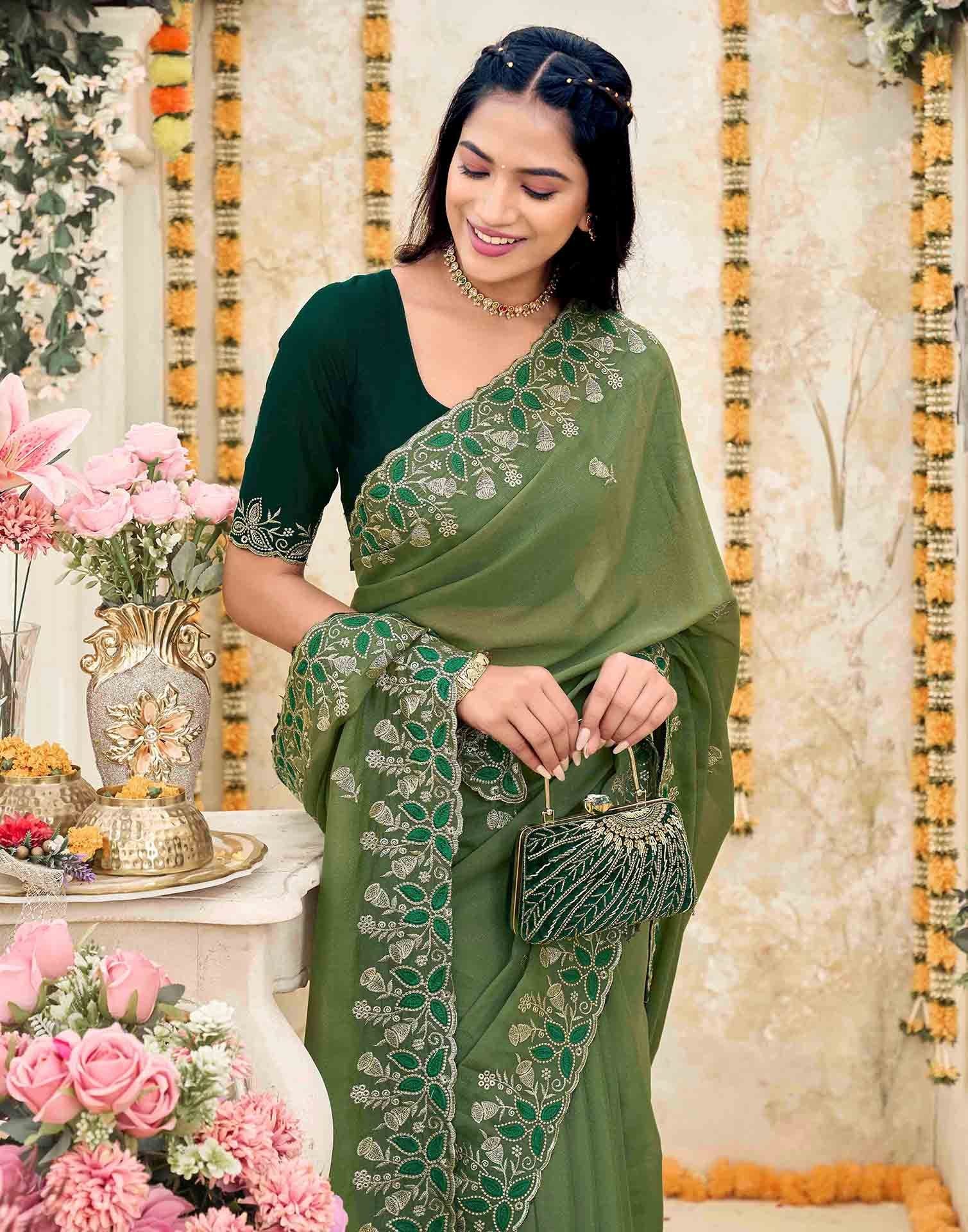 Olive Green Georgette Embroidery Saree