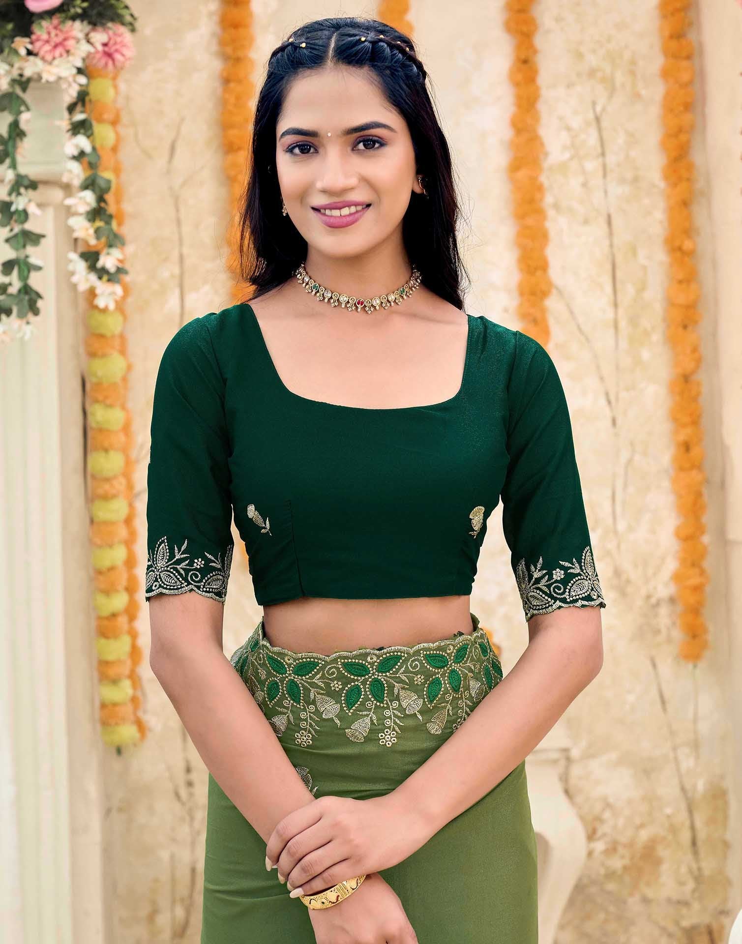 Olive Green Georgette Embroidery Saree