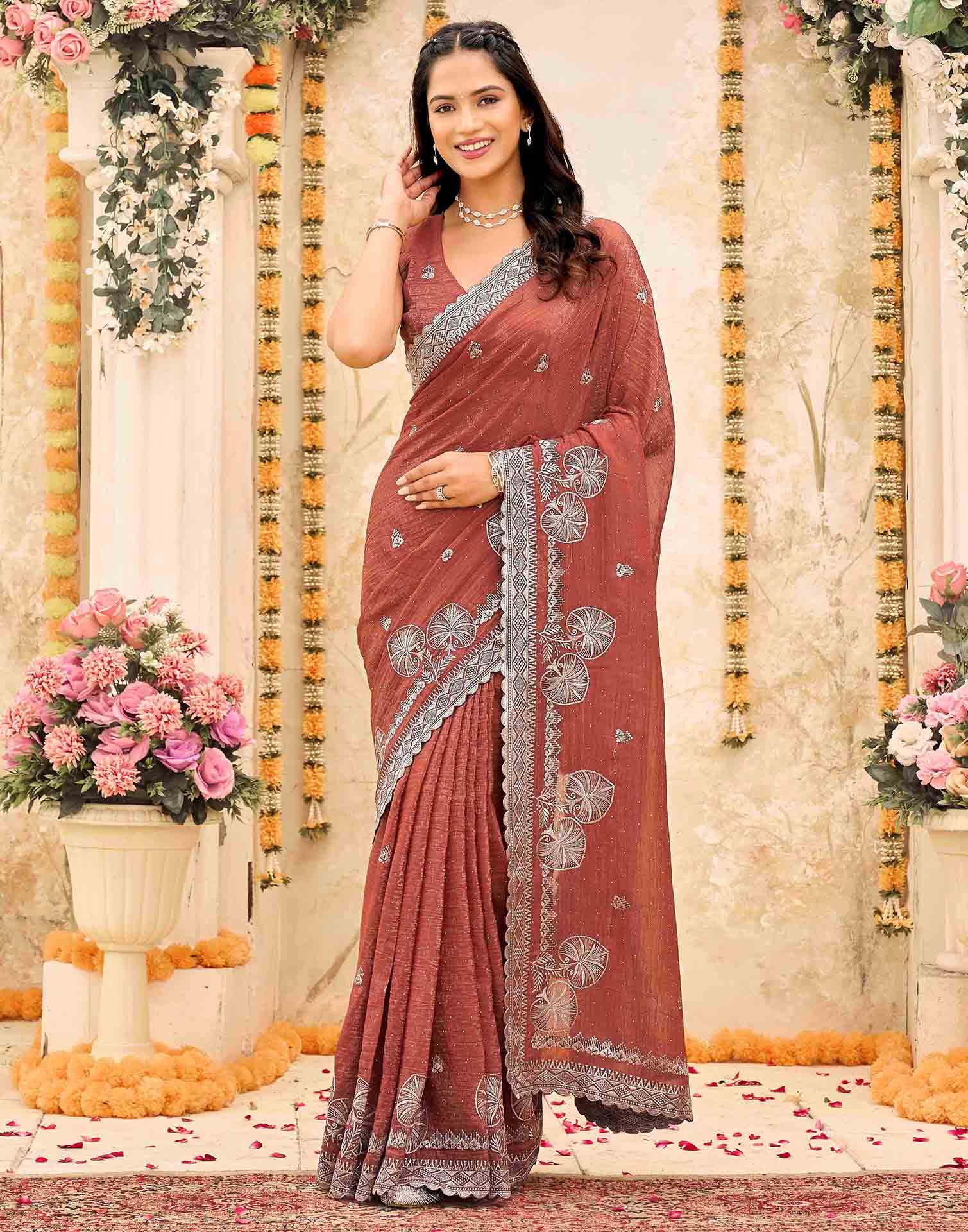Brown Shimmer Embroidery Embellished Saree