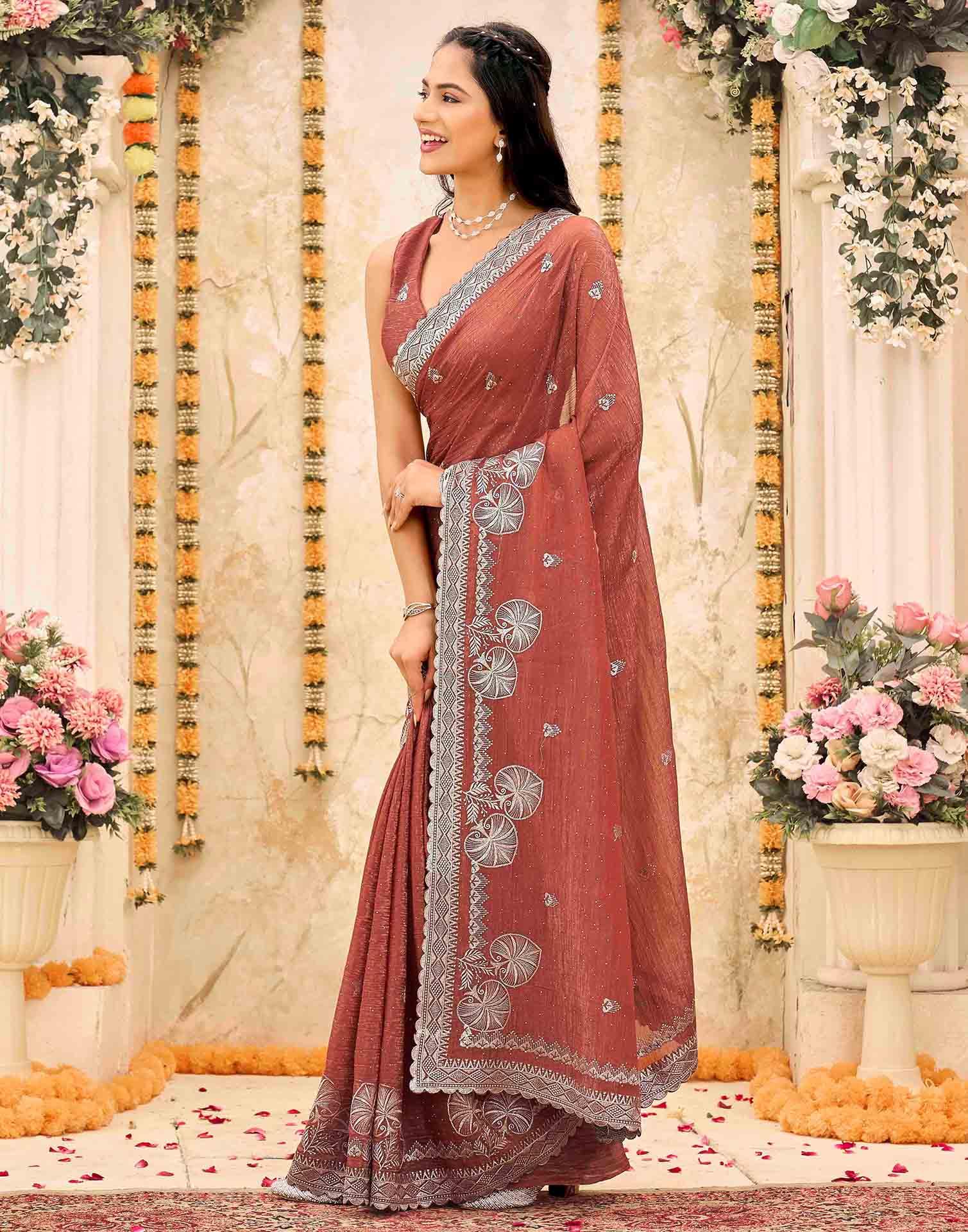 Brown Shimmer Embroidery Embellished Saree