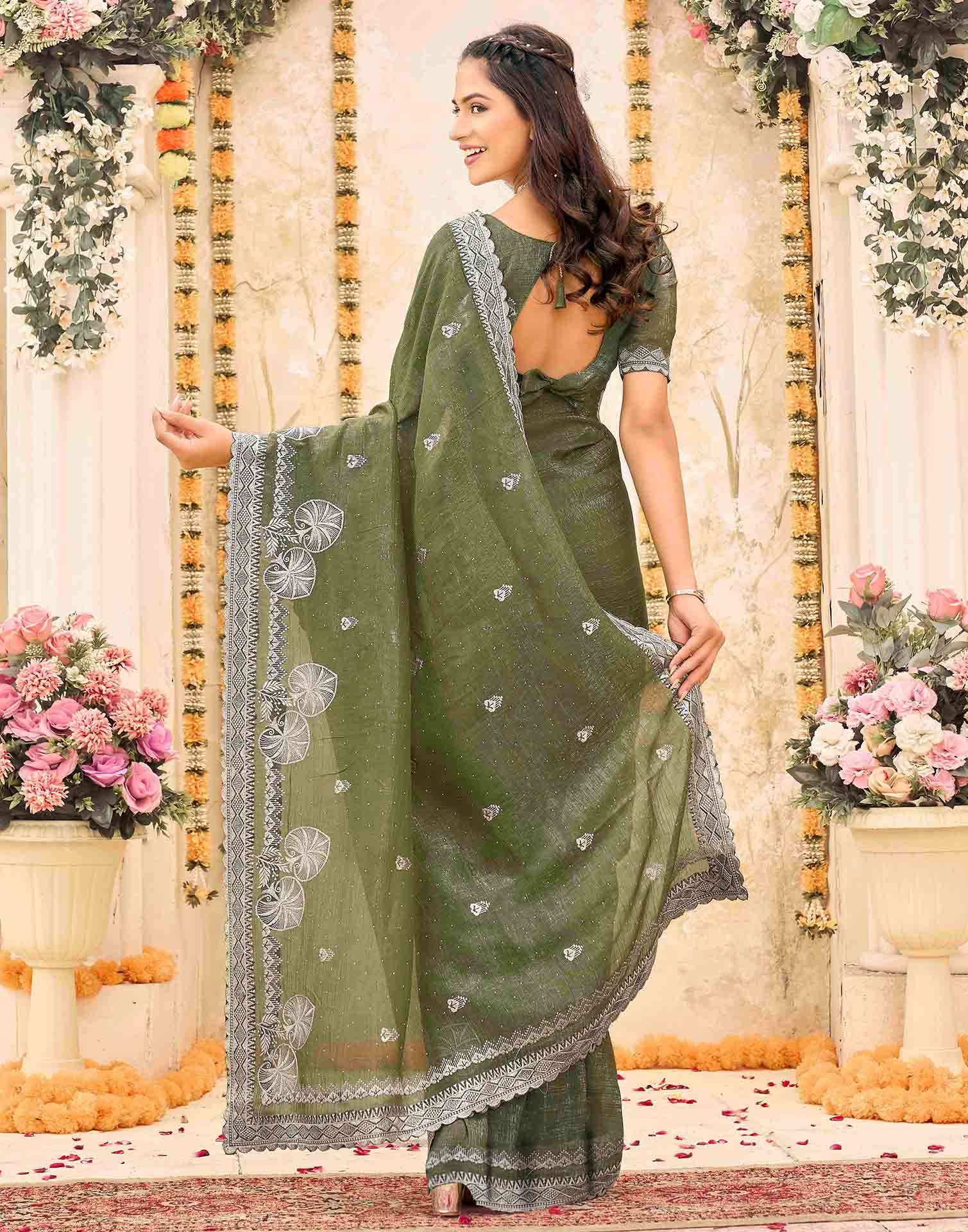 Olive Green Shimmer Embroidery Embellished Saree