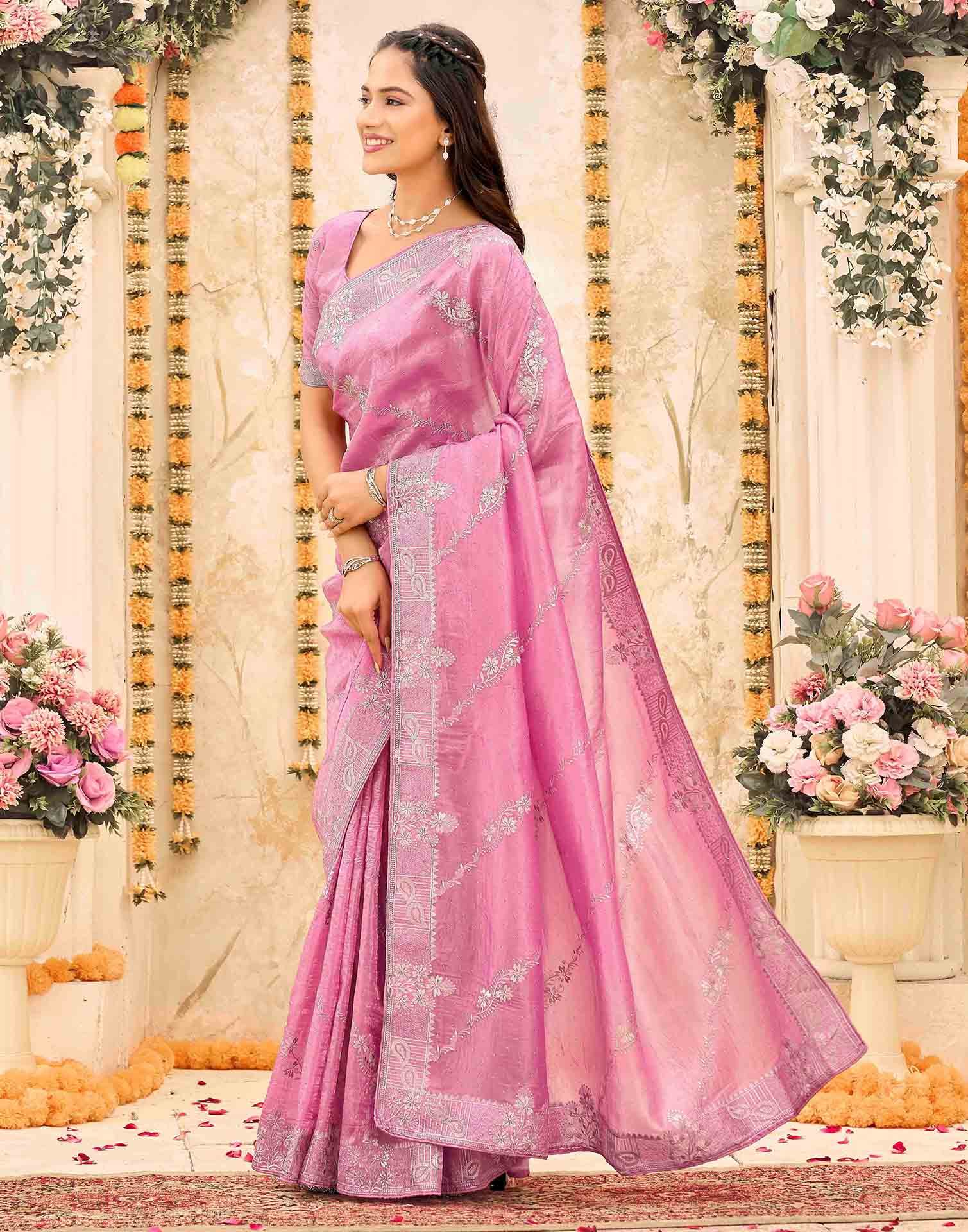 Pink Tissue Silk Embroidery Embellished Saree
