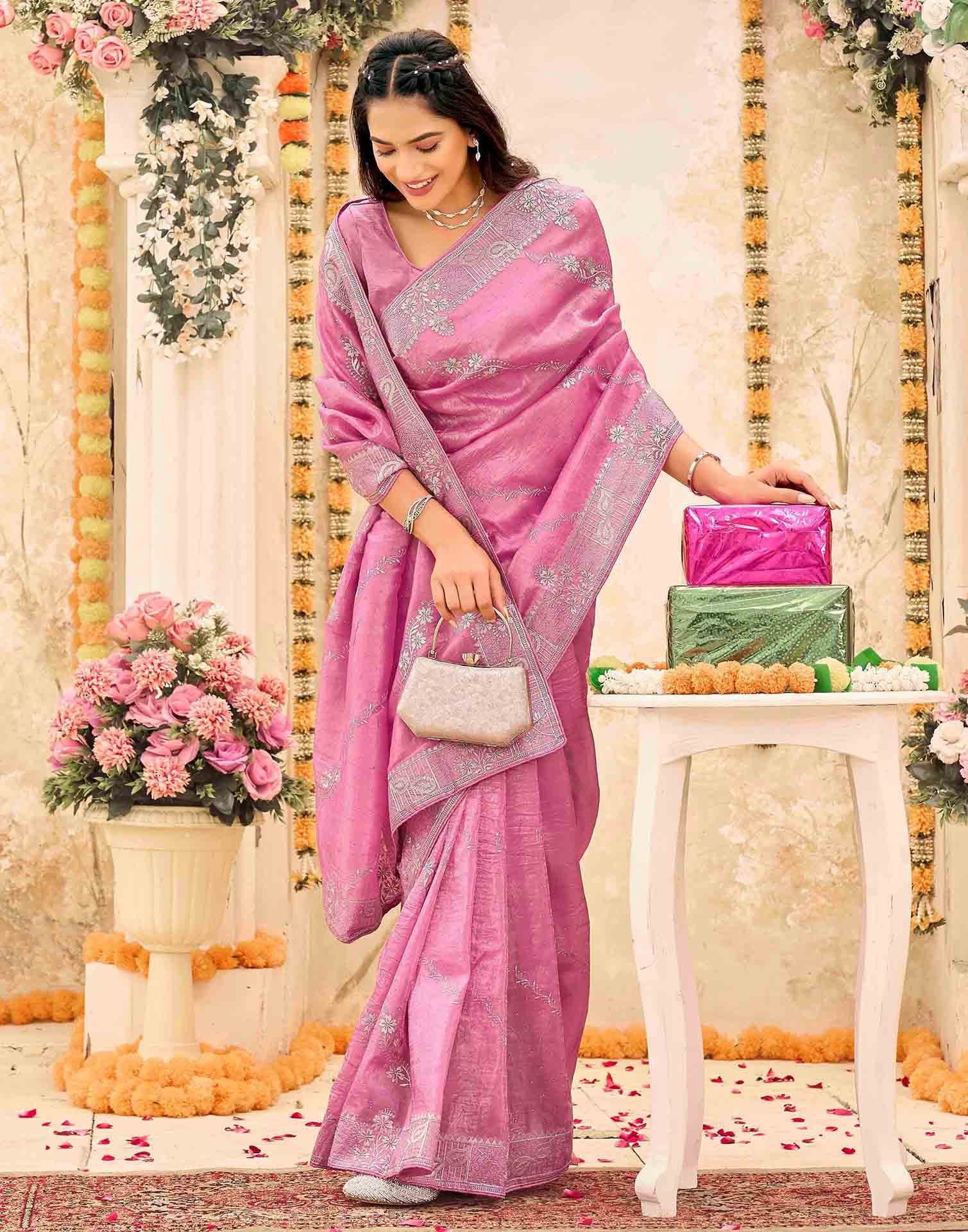 Pink Tissue Silk Embroidery Embellished Saree