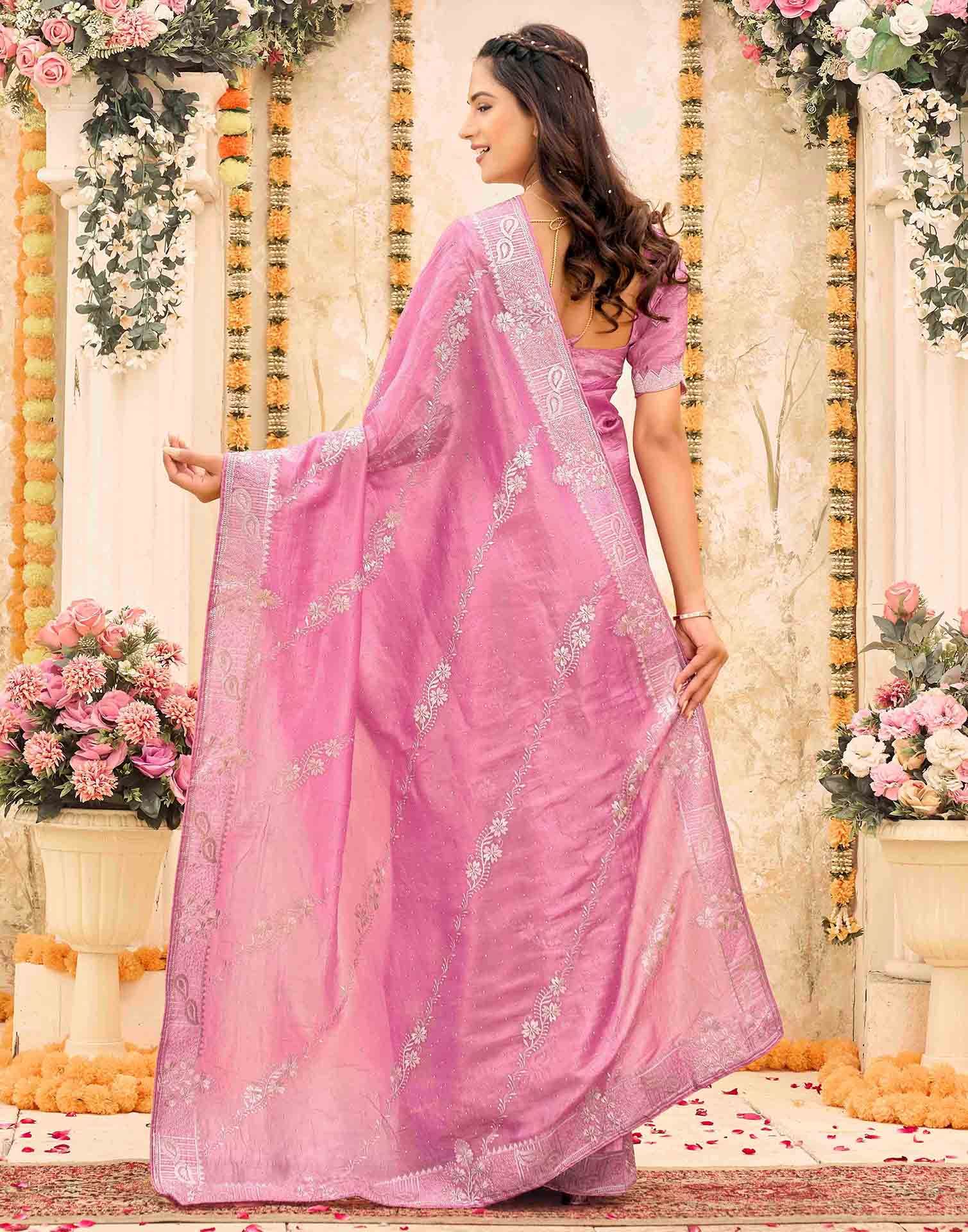 Pink Tissue Silk Embroidery Embellished Saree