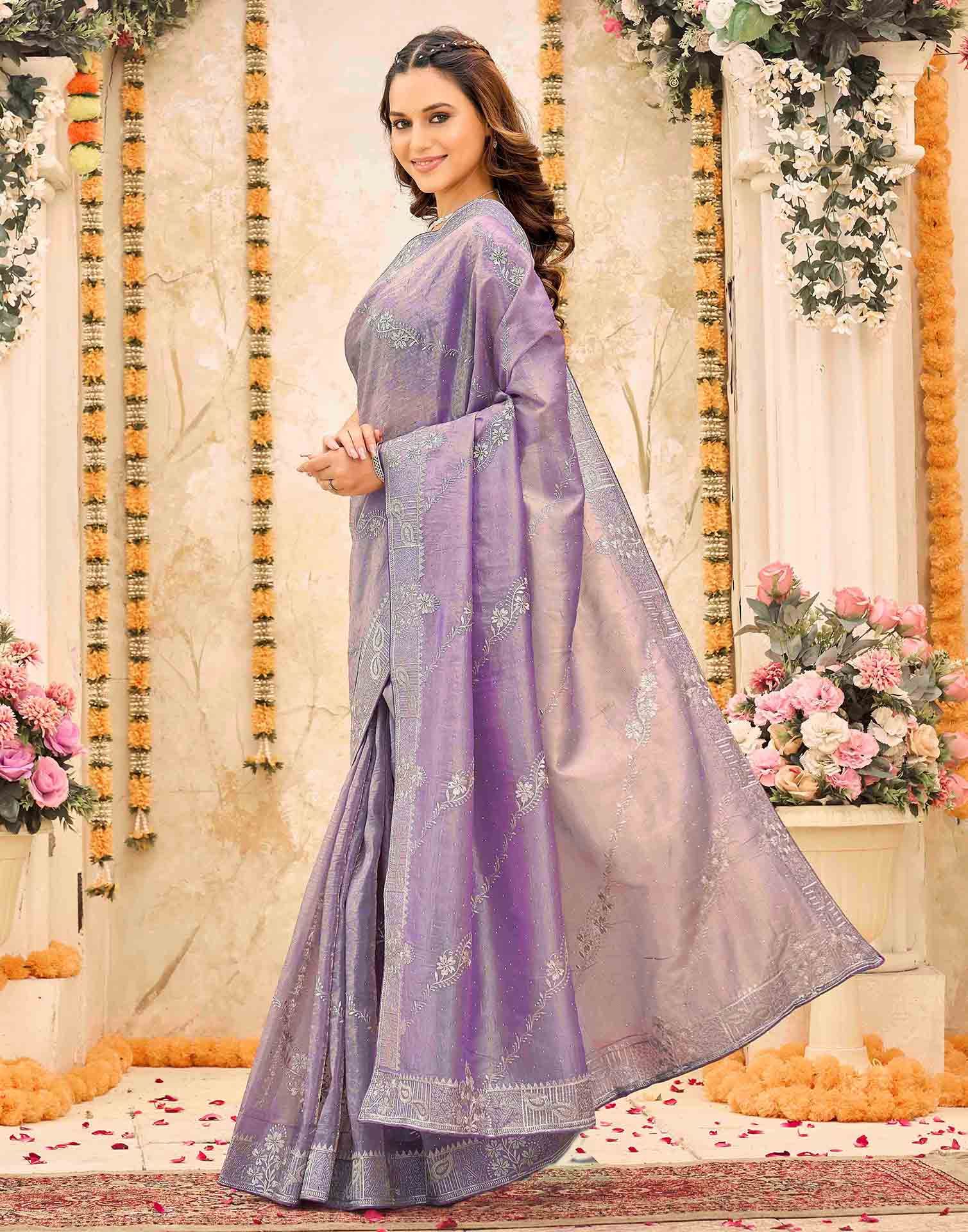 Lavender Tissue Silk Embroidery Embellished Saree