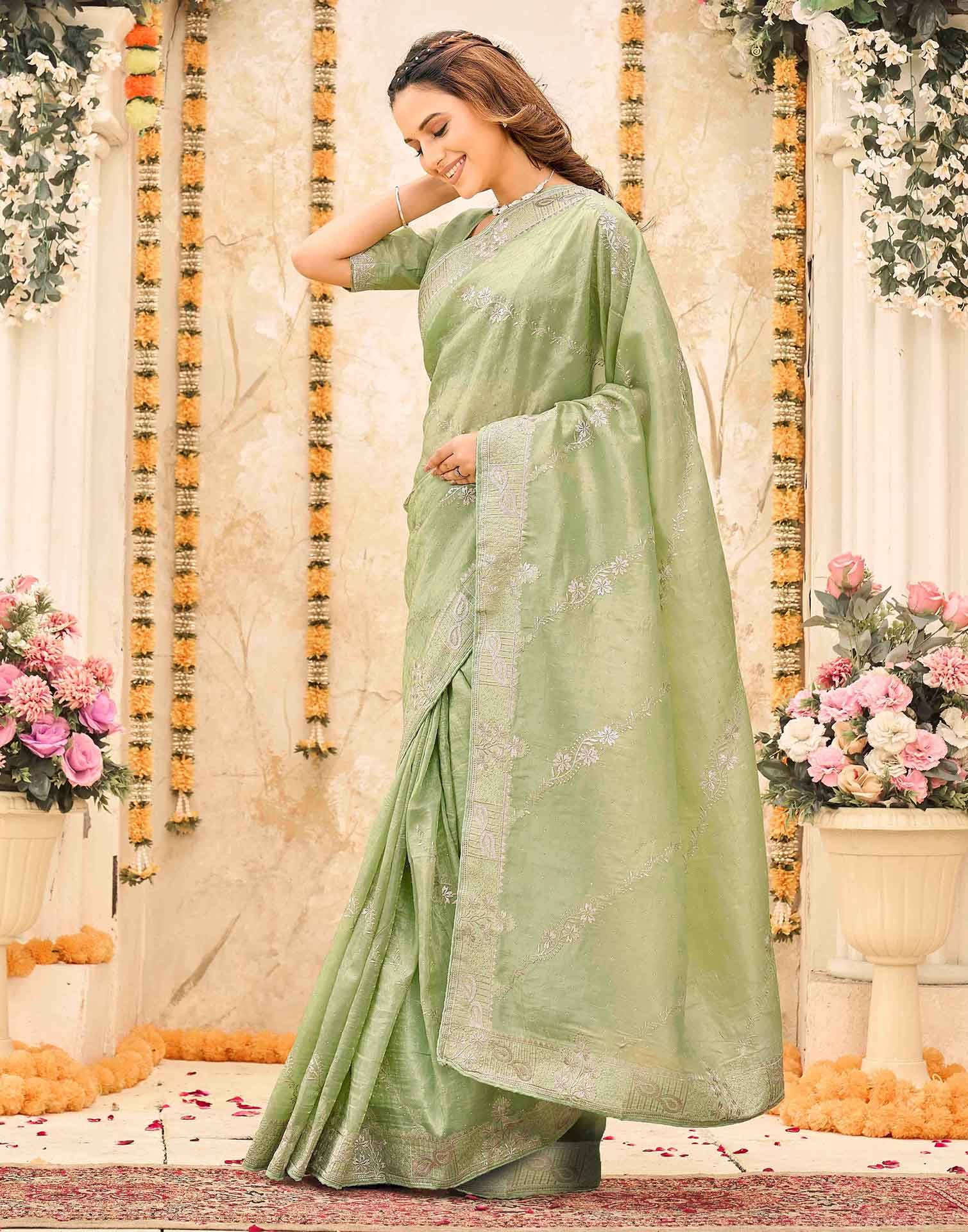 Pista Green Tissue Silk Embroidery Embellished Saree