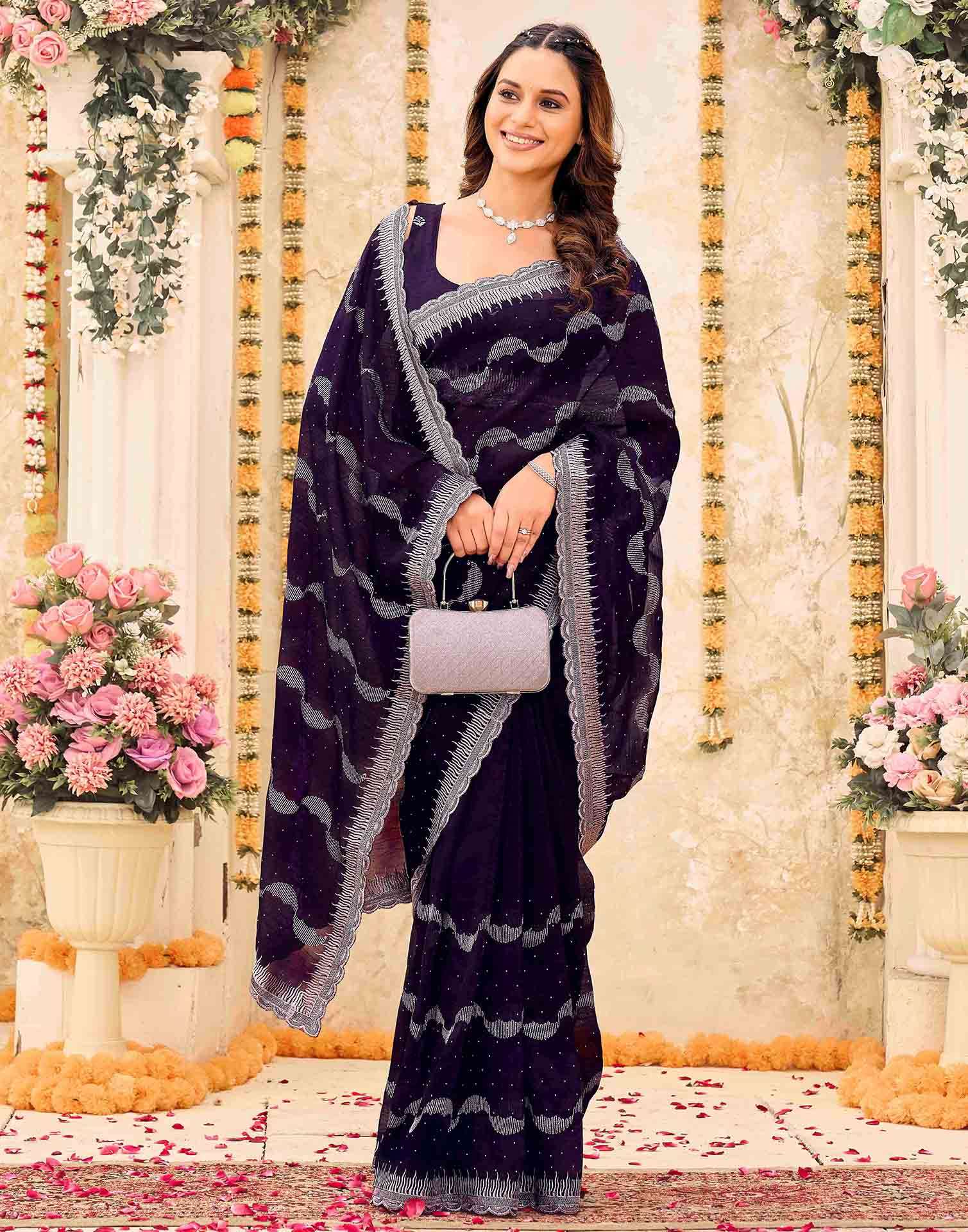 Dark Purple Shimmer Embroidery Embellished Saree