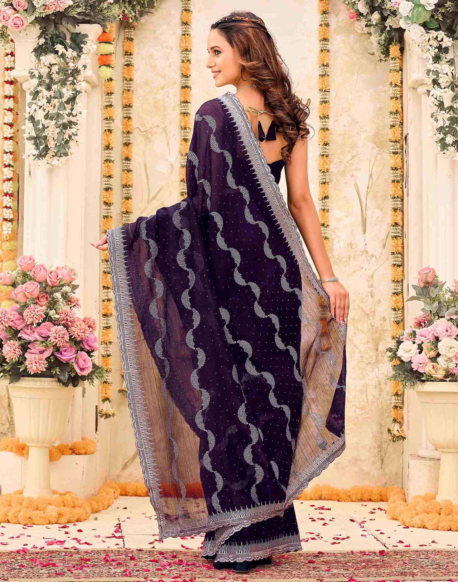 Dark Purple Shimmer Embroidery Embellished Saree
