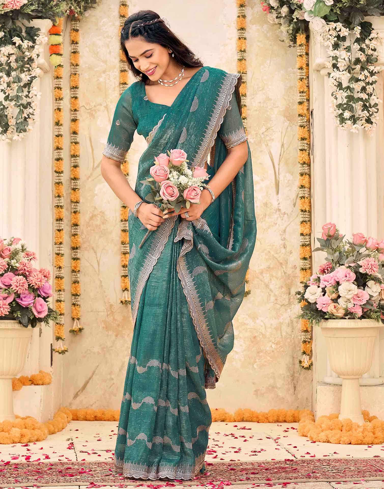 Dusty Rama Green Shimmer Embroidery Embellished Saree