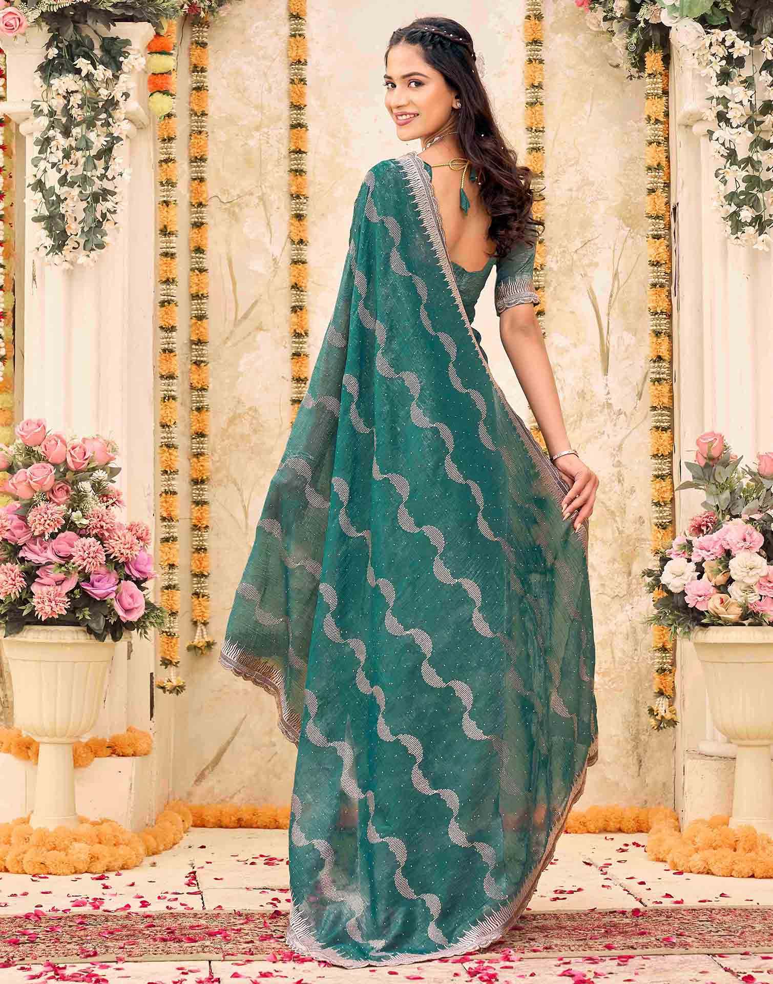 Dusty Rama Green Shimmer Embroidery Embellished Saree