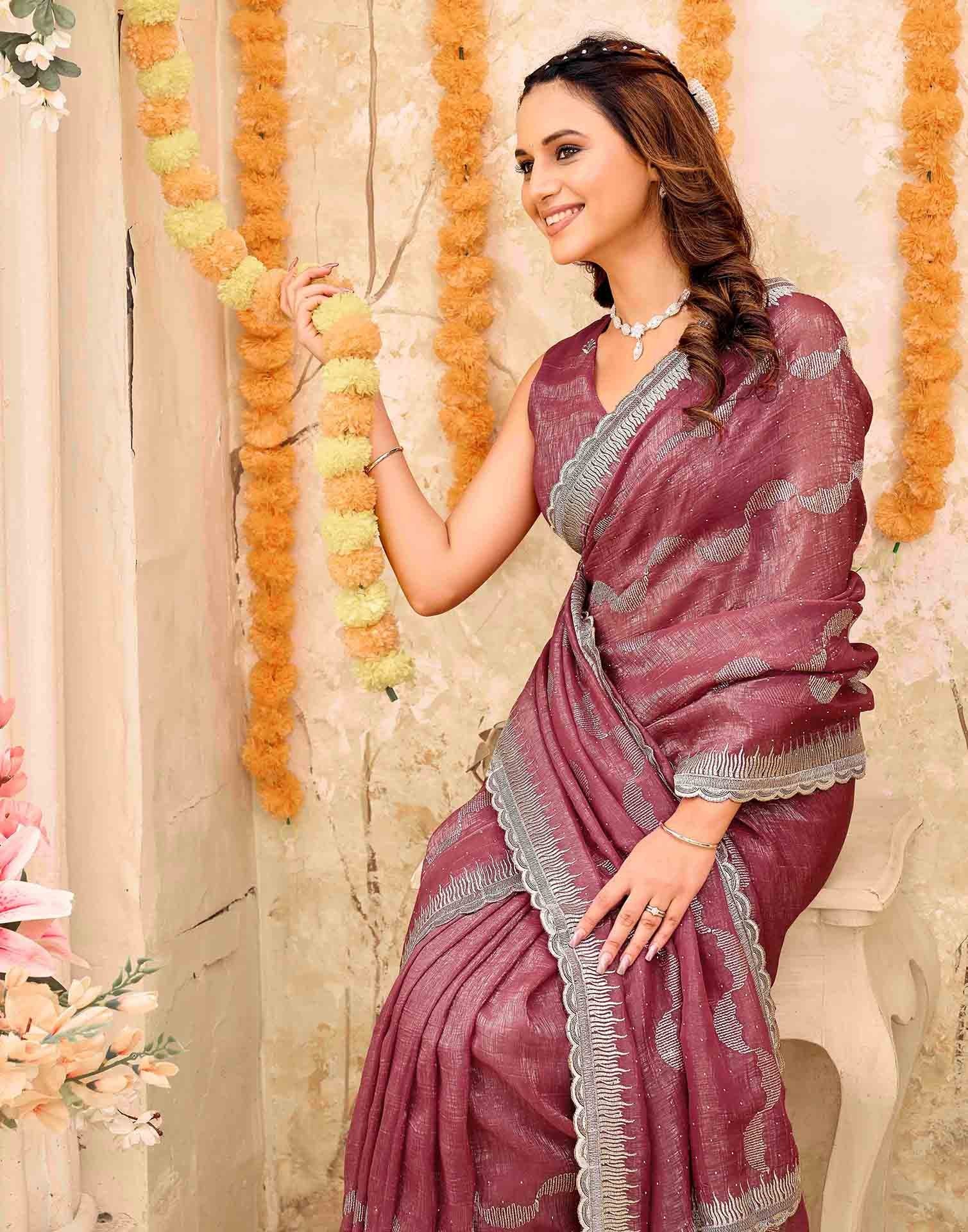 Dusty Rose Pink Shimmer Embroidery Embellished Saree