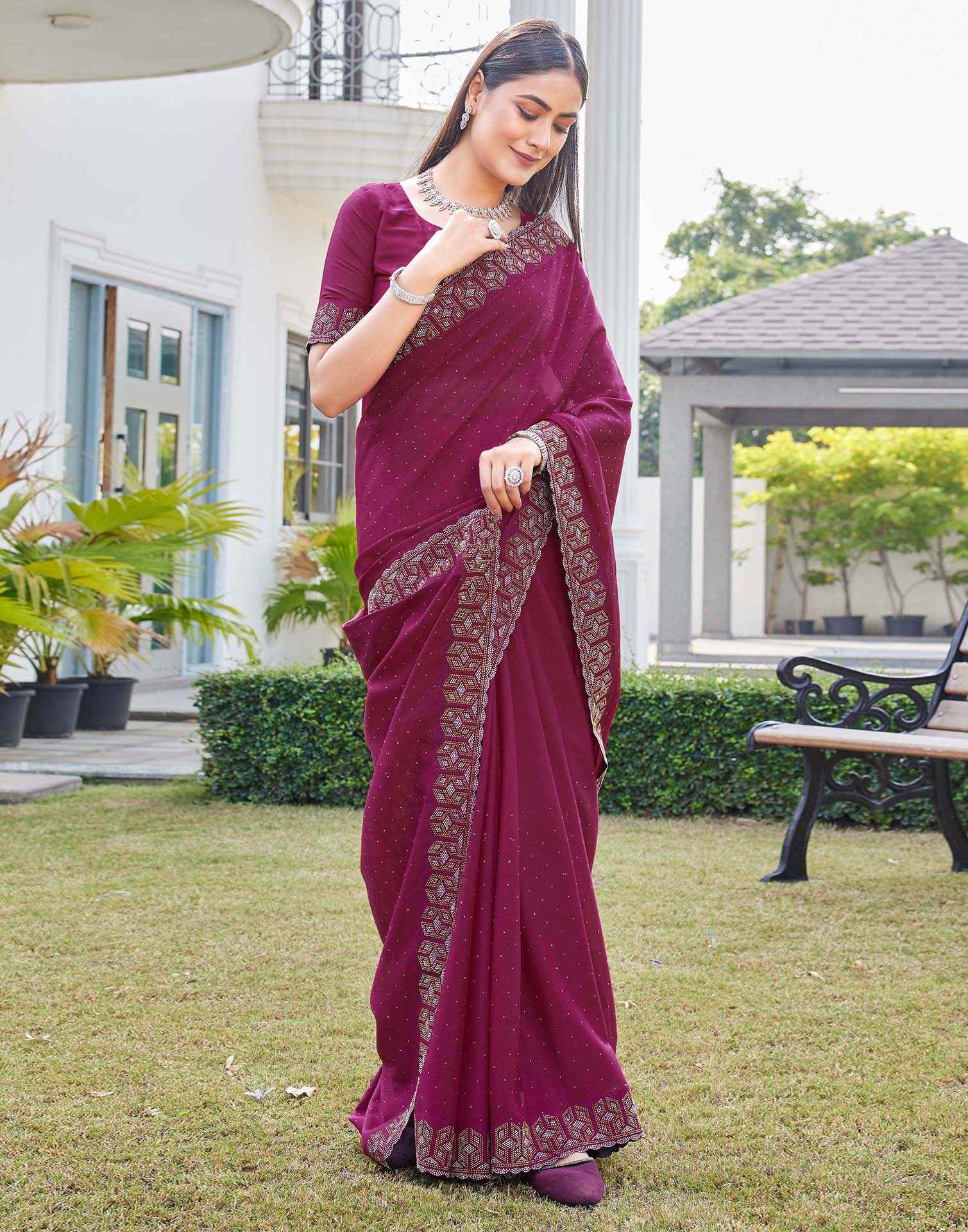 Rani Pink Georgette Stone Work Embellished Saree