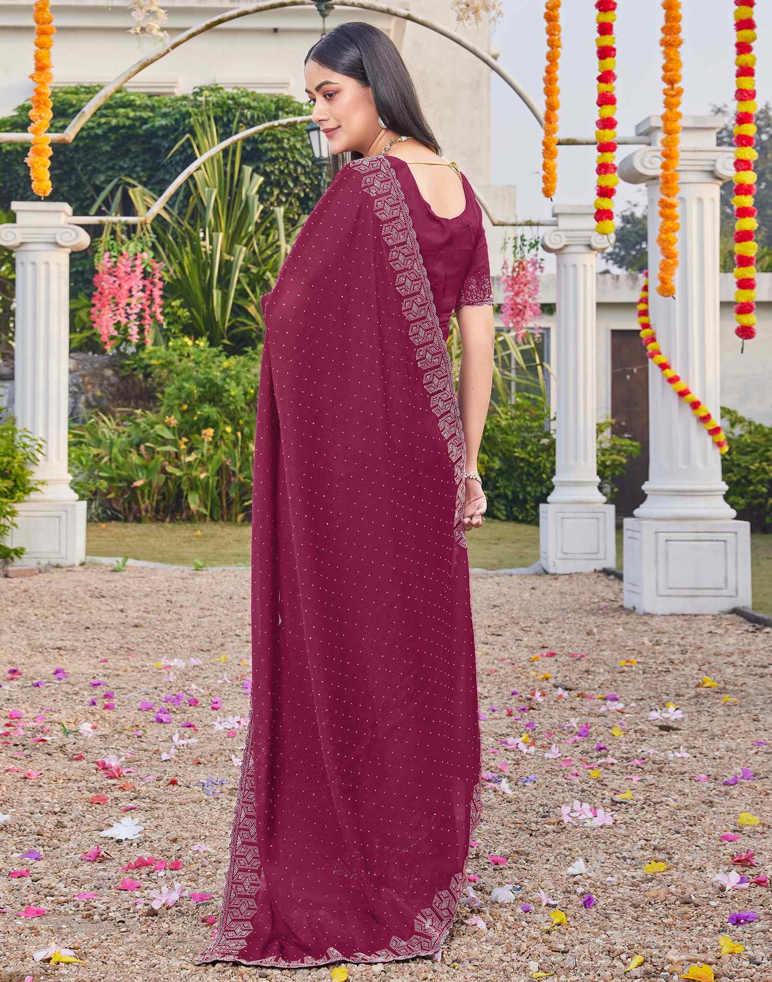 Rani Pink Georgette Stone Work Embellished Saree