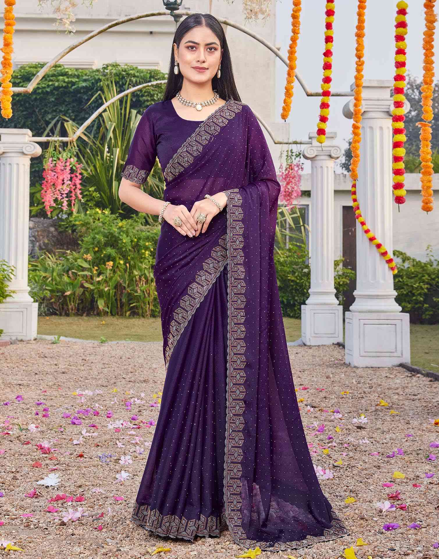 Violet Georgette Stone Work Embellished Saree