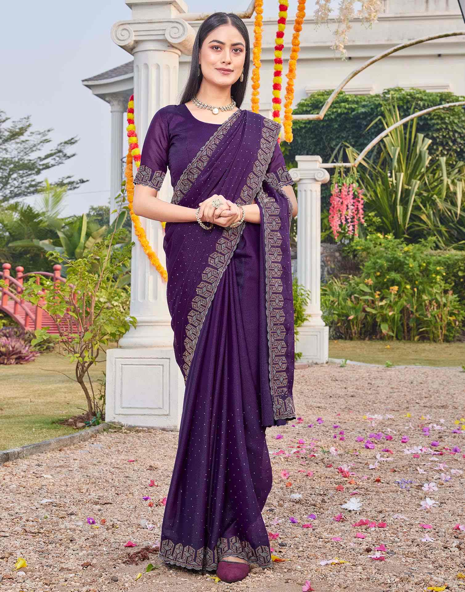 Violet Georgette Stone Work Embellished Saree