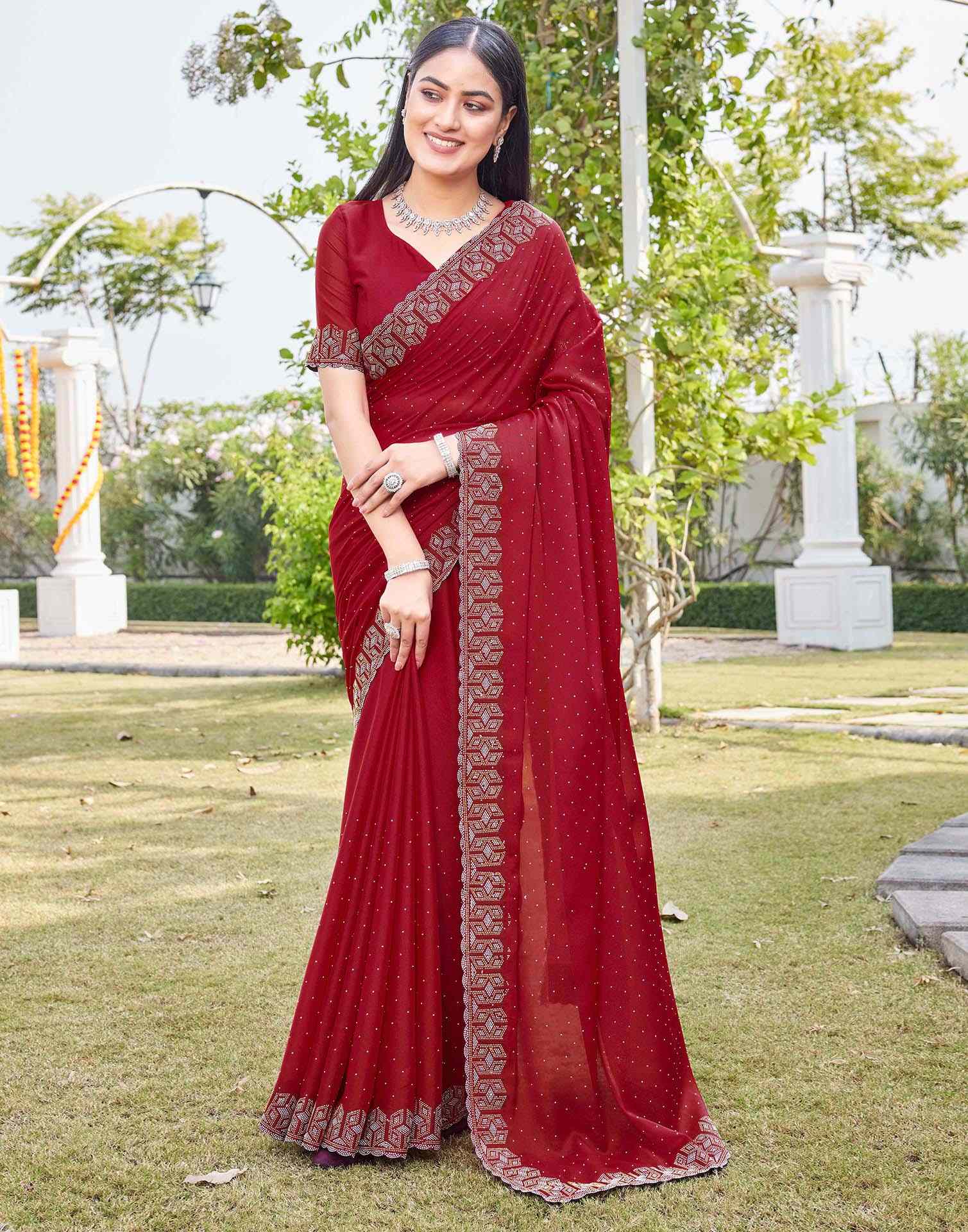 Red Georgette Stone Work Embellished Saree