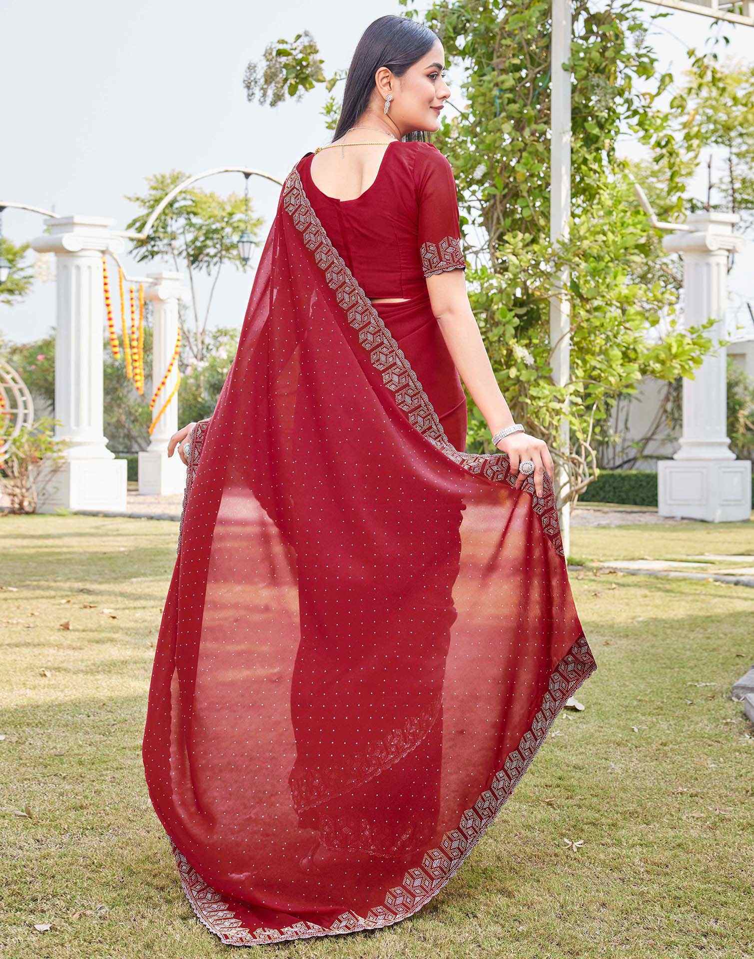 Red Georgette Stone Work Embellished Saree