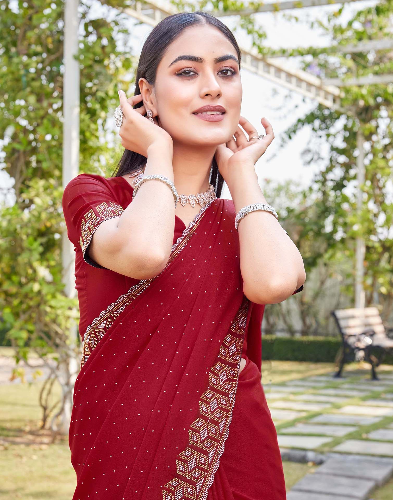 Red Georgette Stone Work Embellished Saree