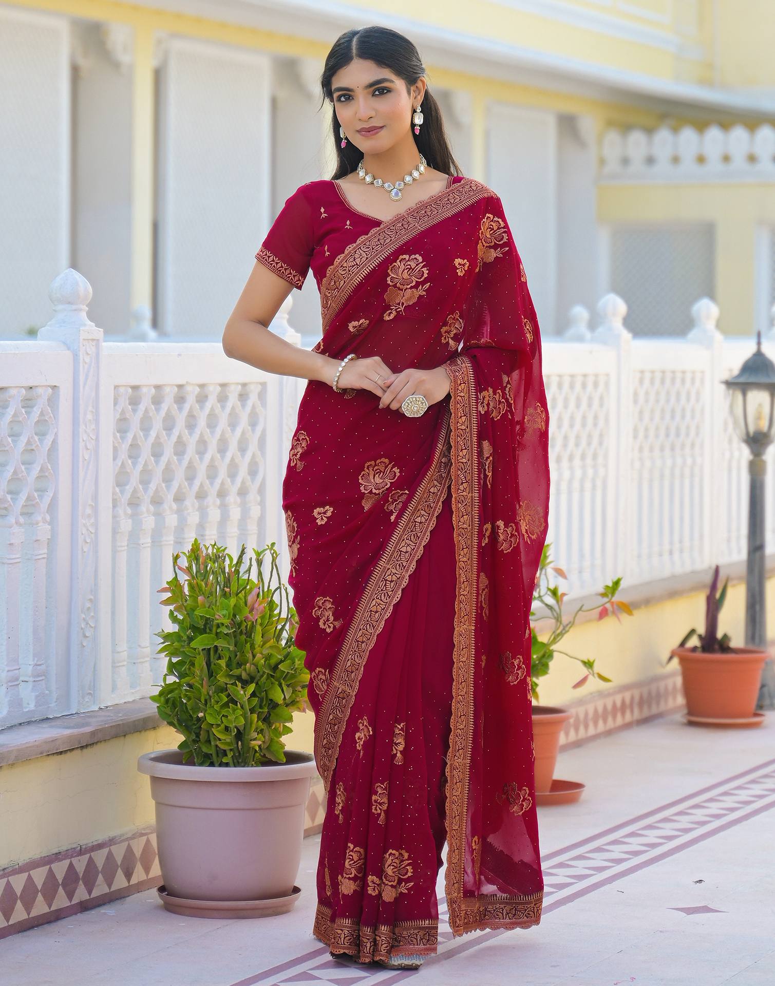 Dark Rani Pink Georgette Embroidery Embellished Saree