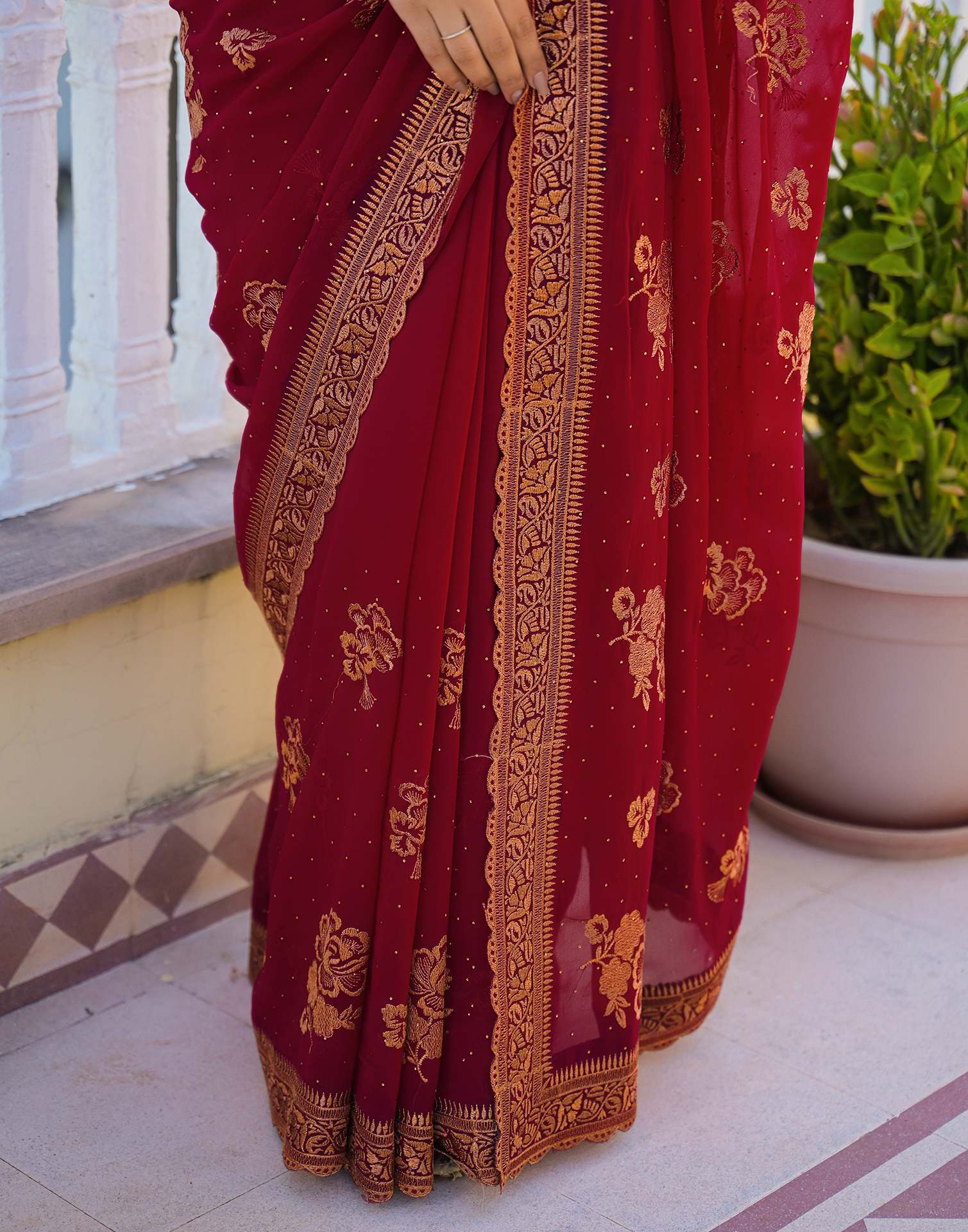 Dark Rani Pink Georgette Embroidery Embellished Saree