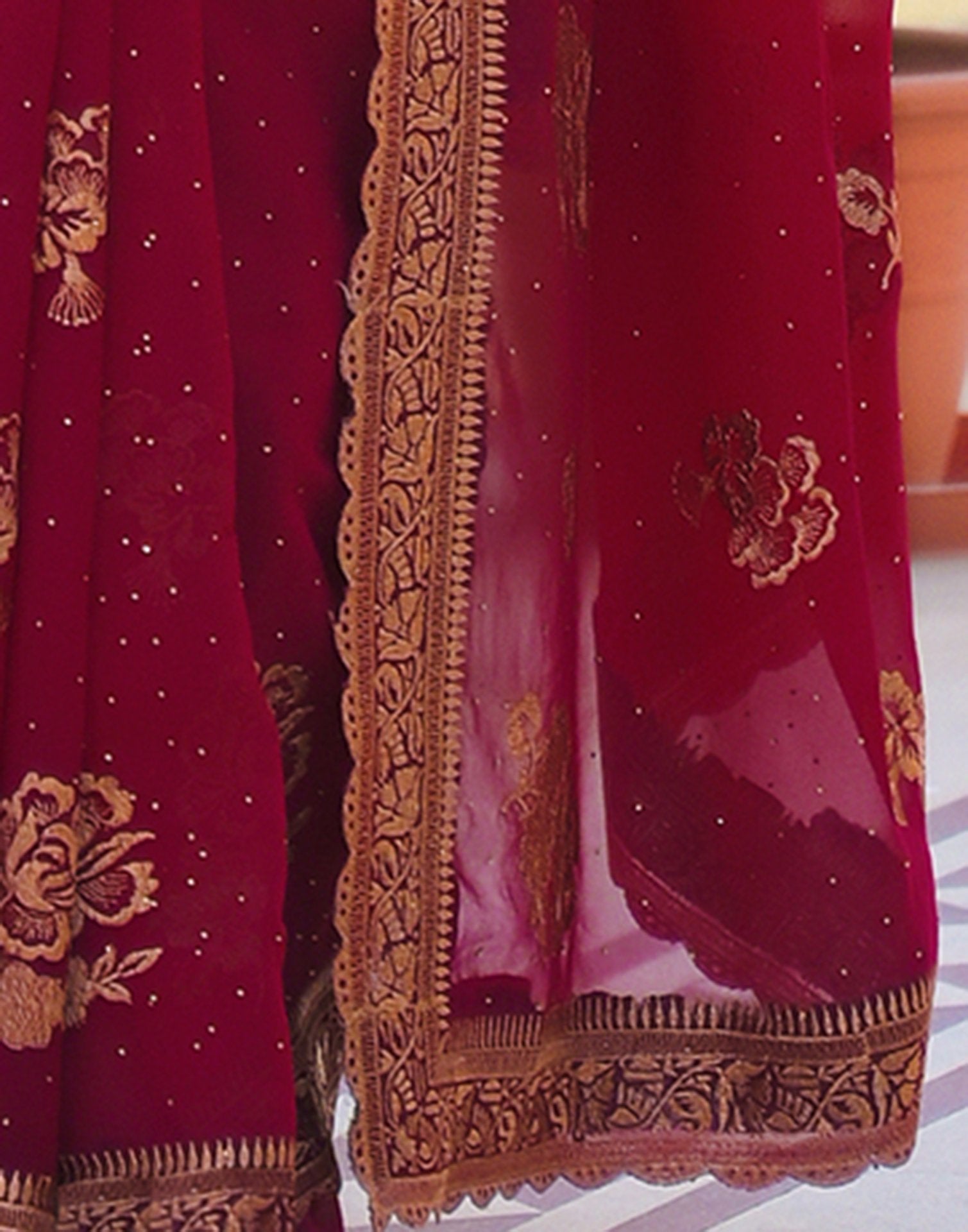 Dark Rani Pink Georgette Embroidery Embellished Saree