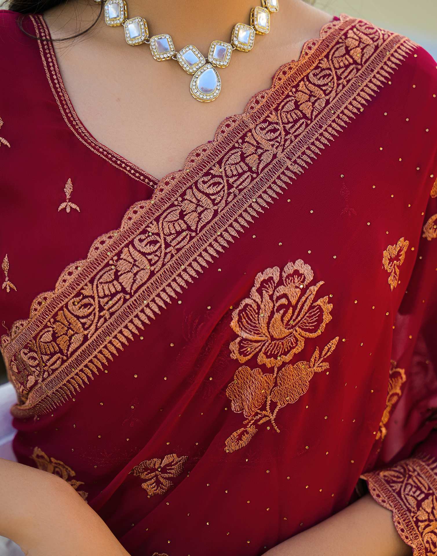 Dark Rani Pink Georgette Embroidery Embellished Saree