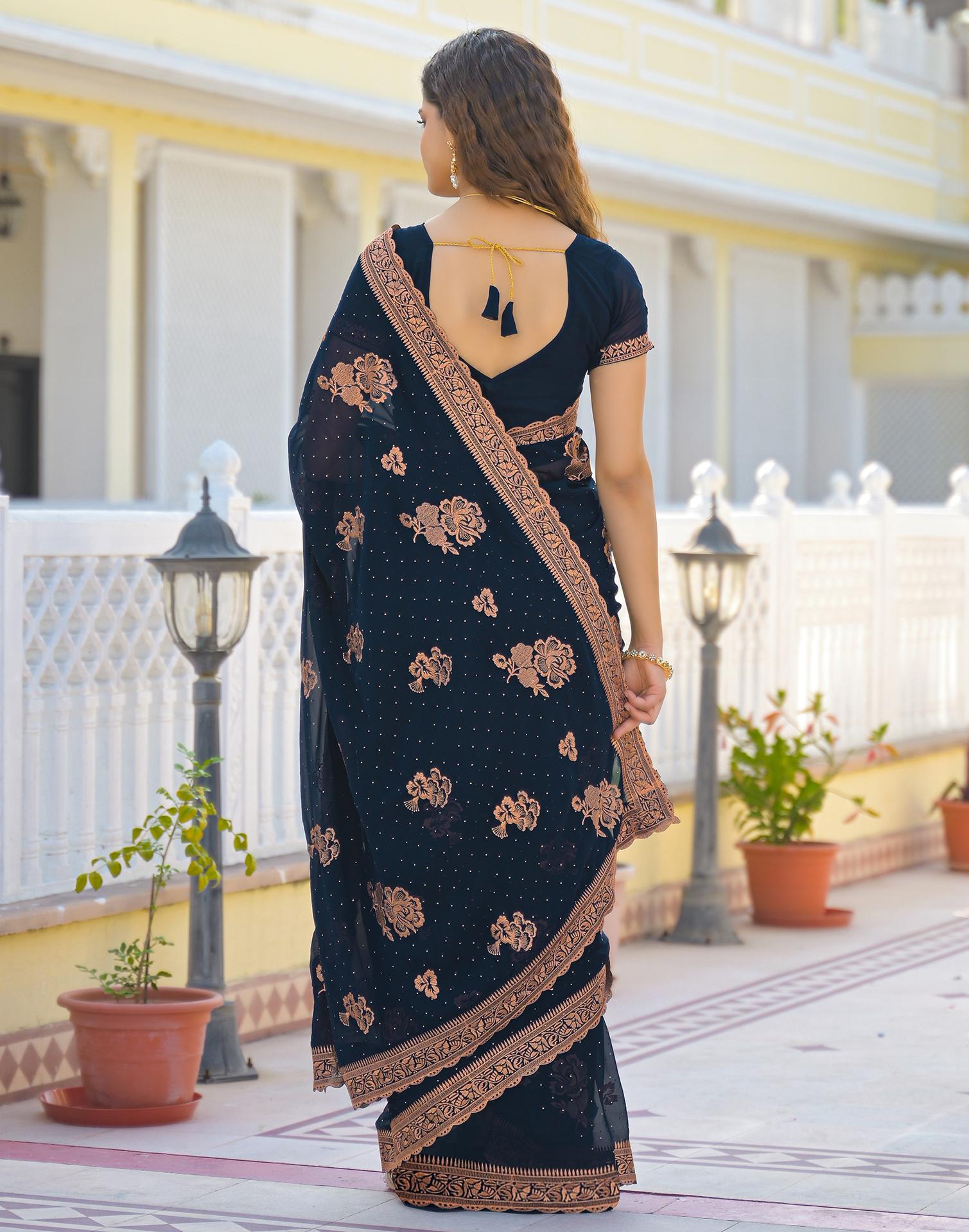 Dark Navy Blue Georgette Embroidery Embellished Saree