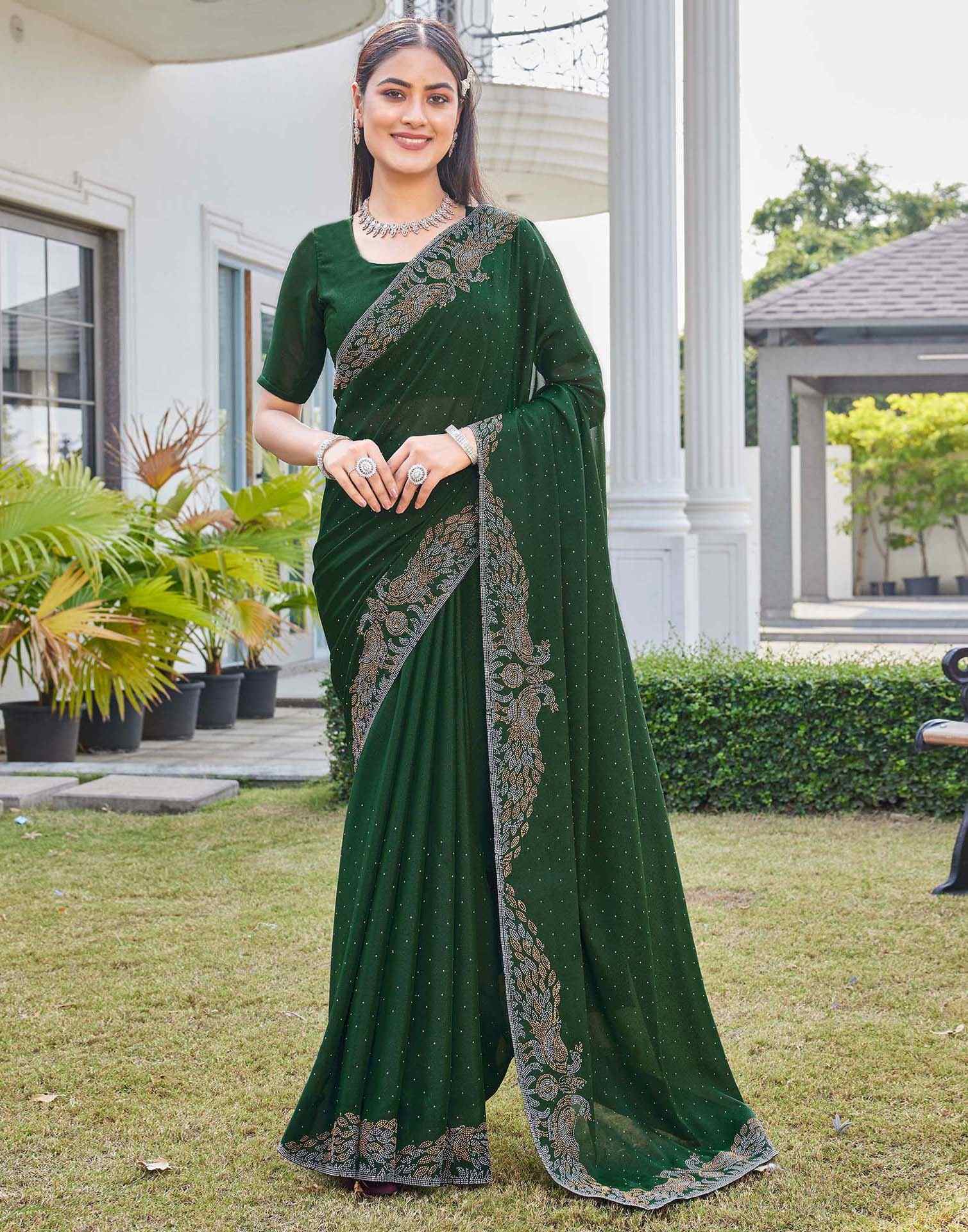 Dark Green Shimmer Stone Work Swarovski Saree
