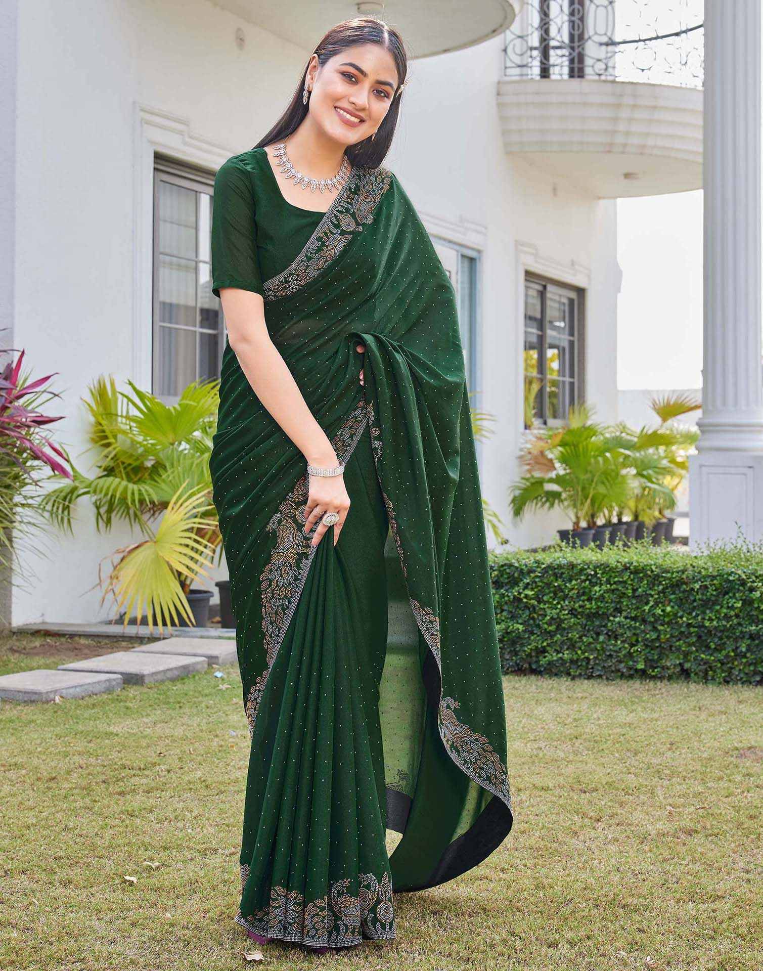 Dark Green Shimmer Stone Work Swarovski Saree