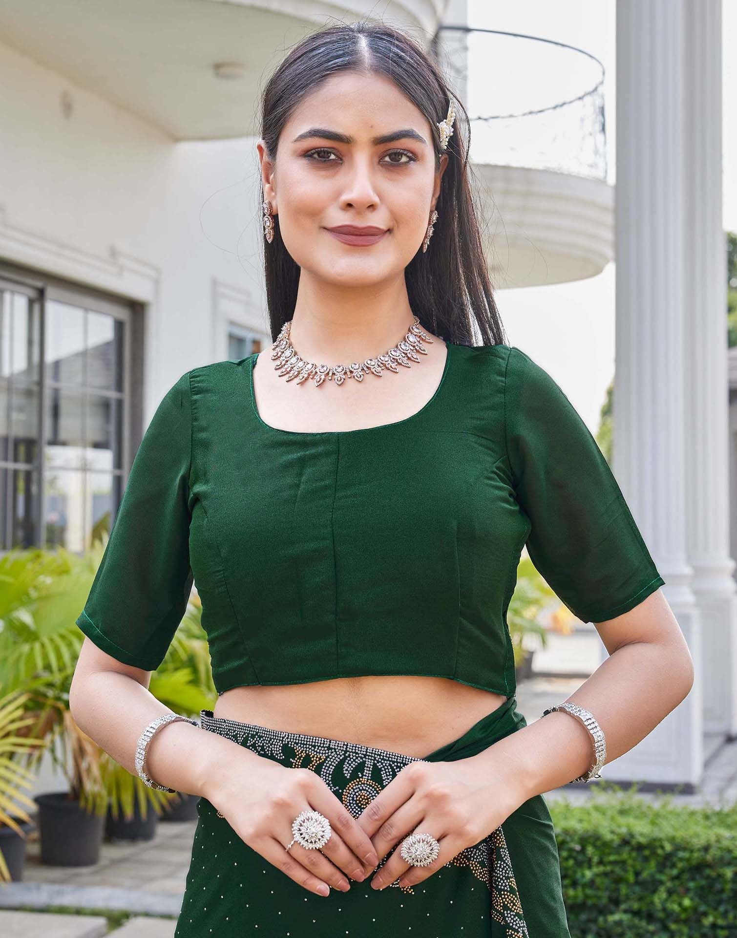 Dark Green Shimmer Stone Work Swarovski Saree