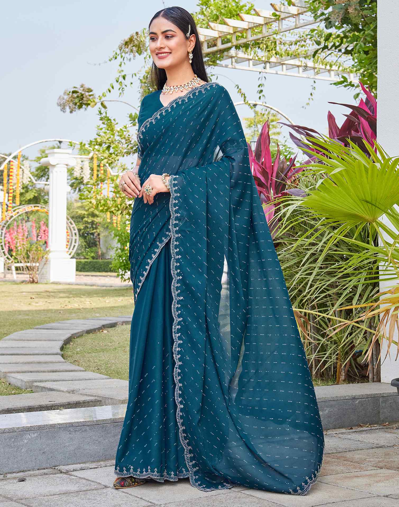 Teal Blue Shimmer Stone Work Swarovski Saree