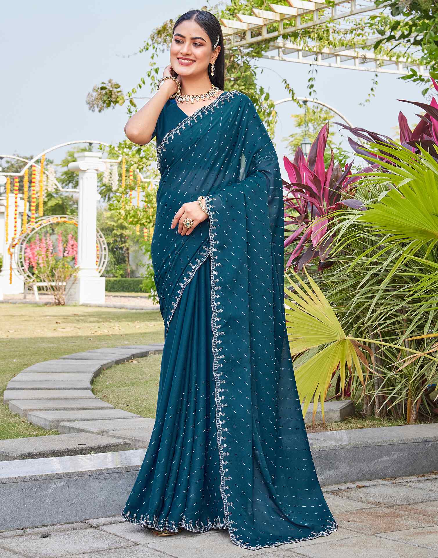 Teal Blue Shimmer Stone Work Swarovski Saree