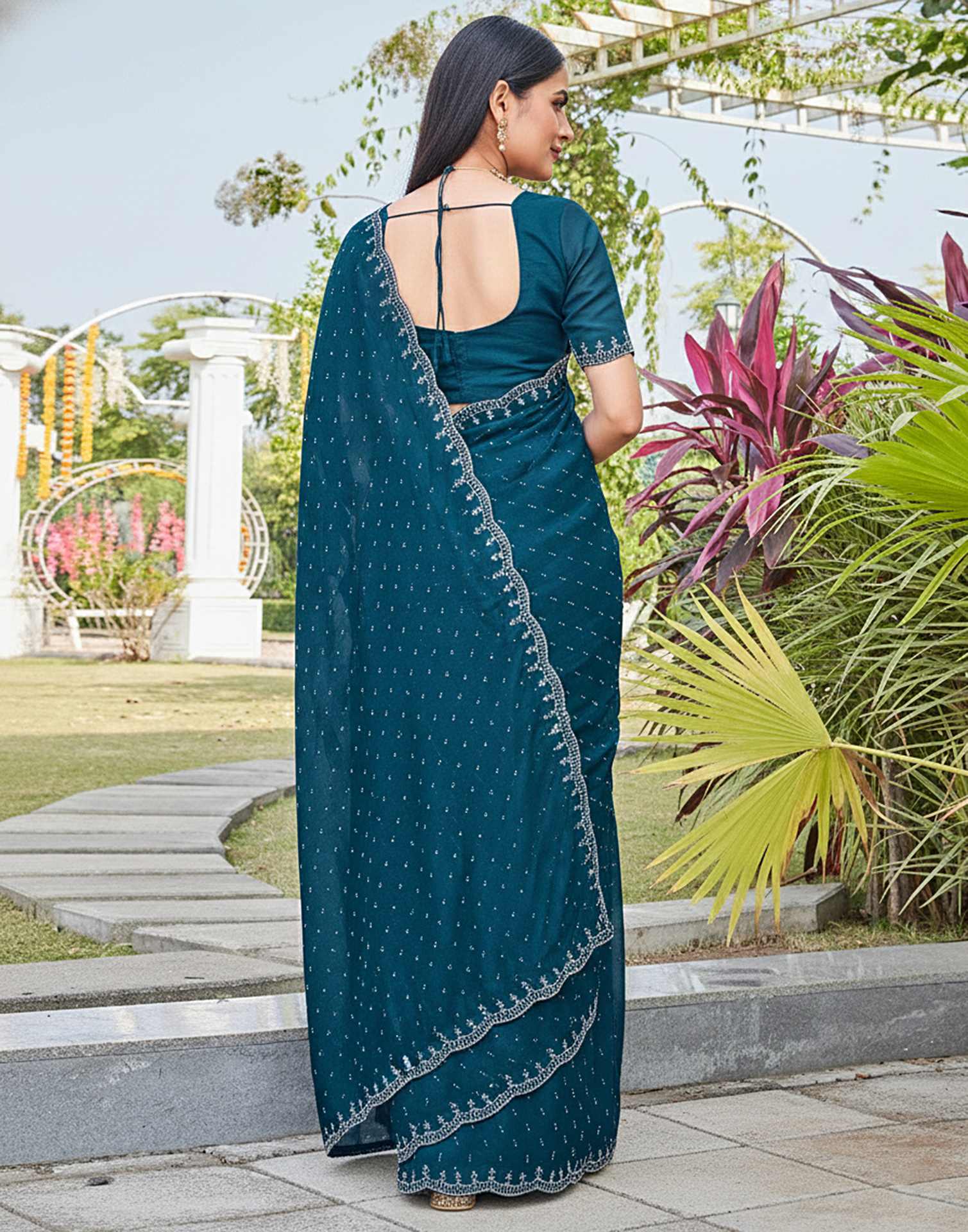 Teal Blue Shimmer Stone Work Swarovski Saree