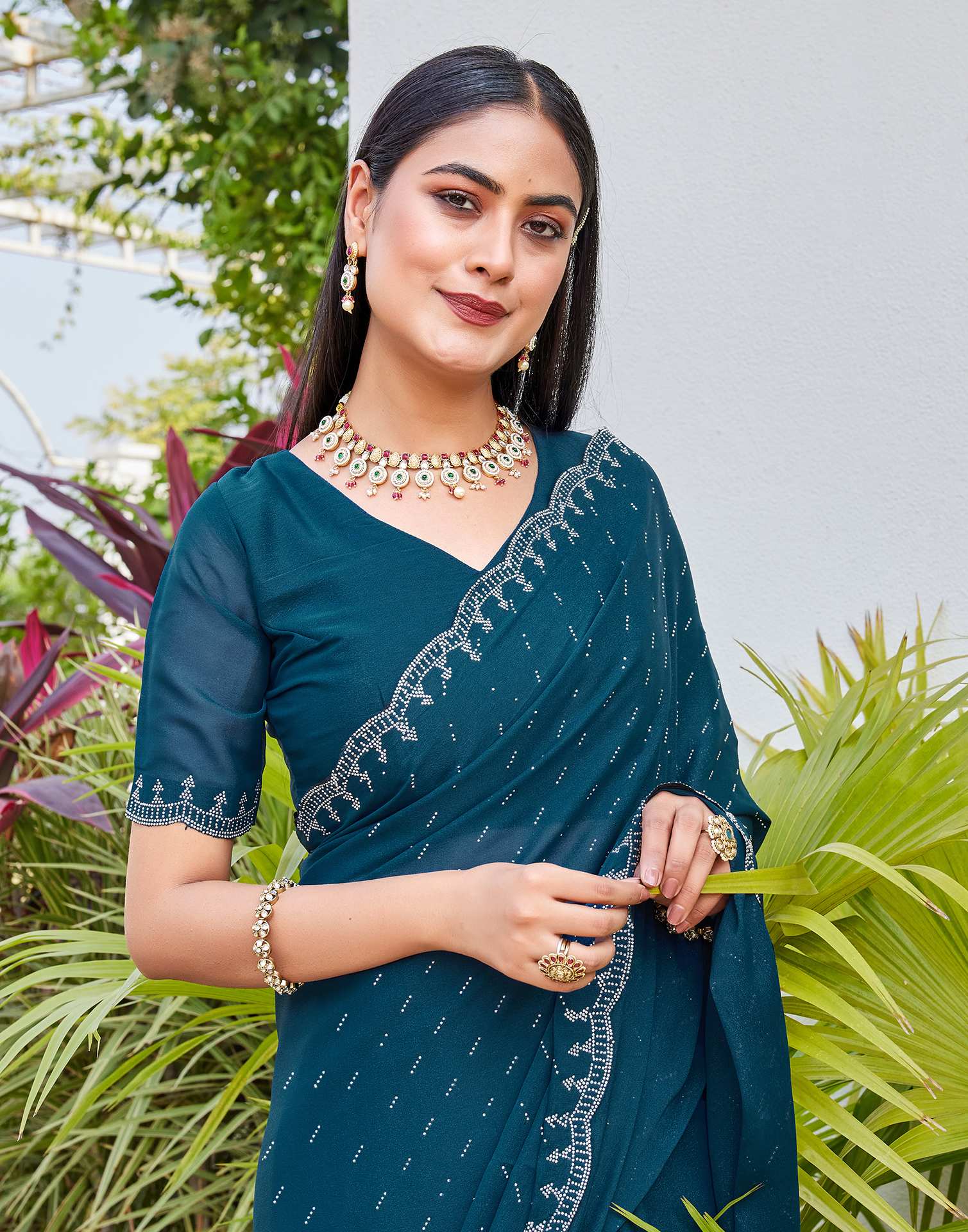 Teal Blue Shimmer Stone Work Swarovski Saree